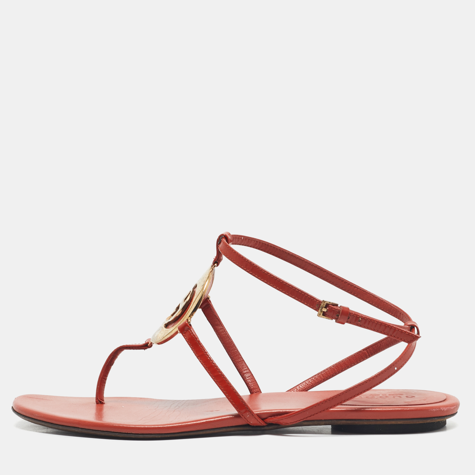 

Gucci Orange Patent Leather GG Logo Buckle Flat Thong Sandals Size
