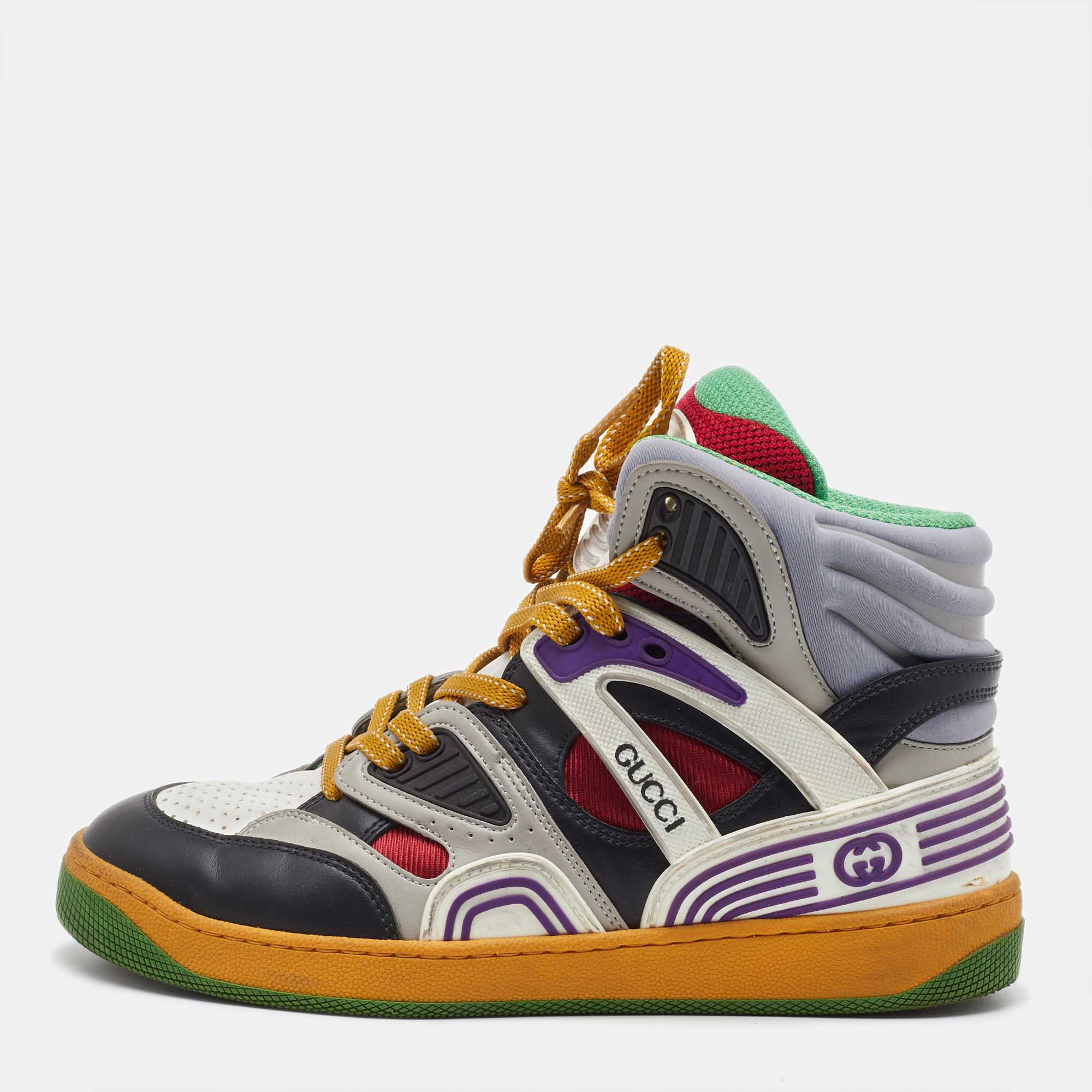 Pre-owned Gucci Multicolor Mesh Canvas And Leather Basket High Top Sneakers Size 37