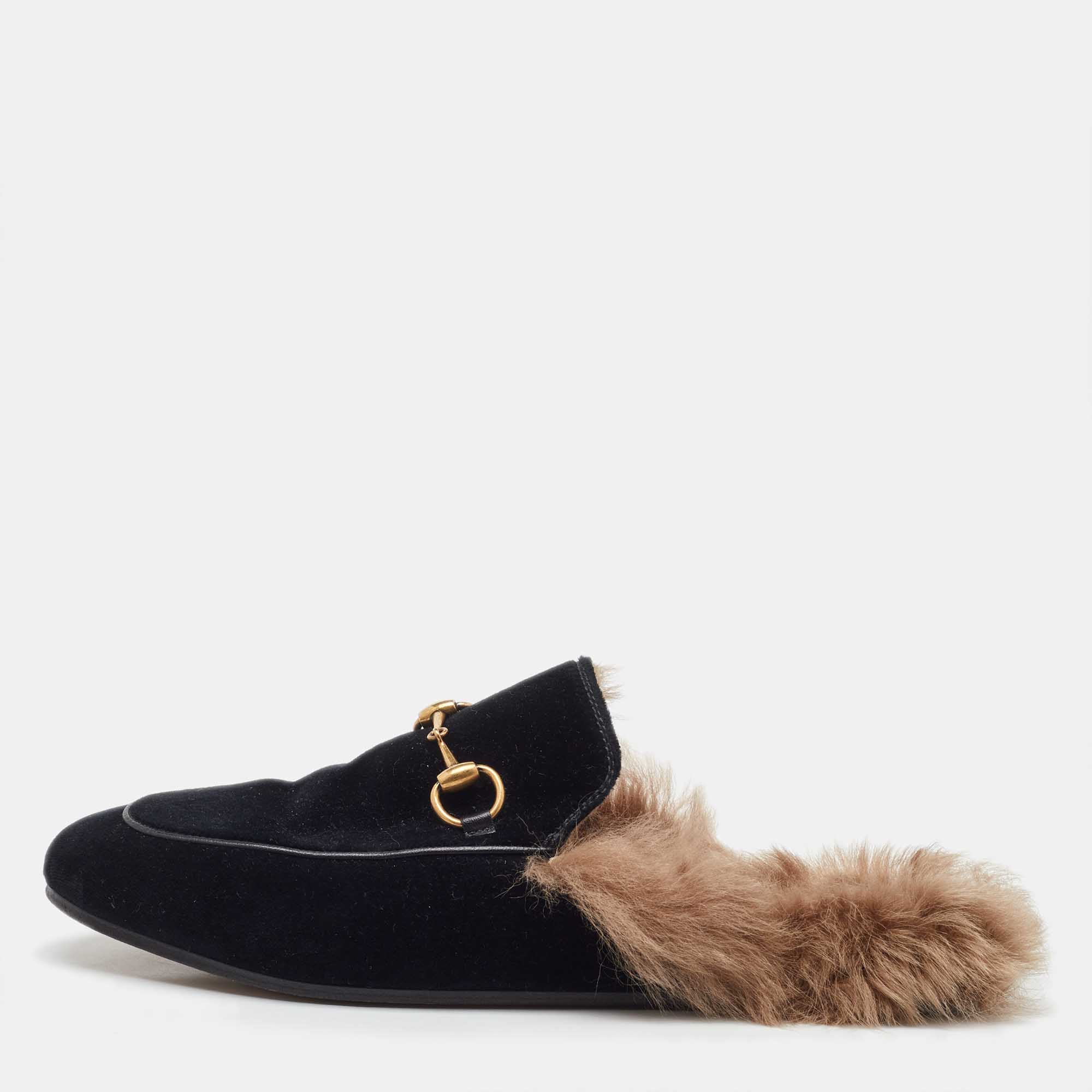 

Gucci Black Velvet and Fur Princetown Horsebit Flat Mules Size