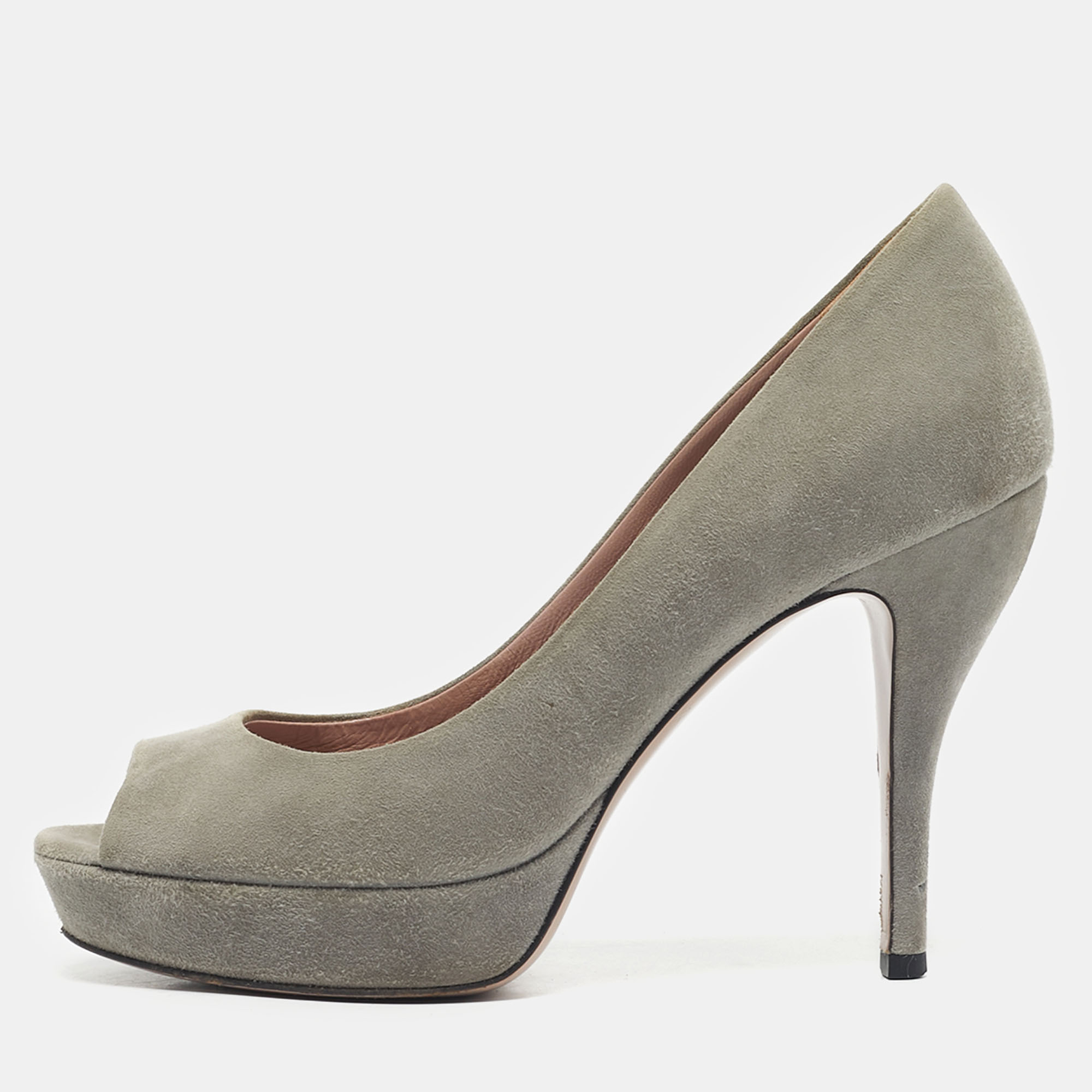 Pre-owned Gucci Grey Suede Platform Peep Toe Pumps Size 36 In Gray