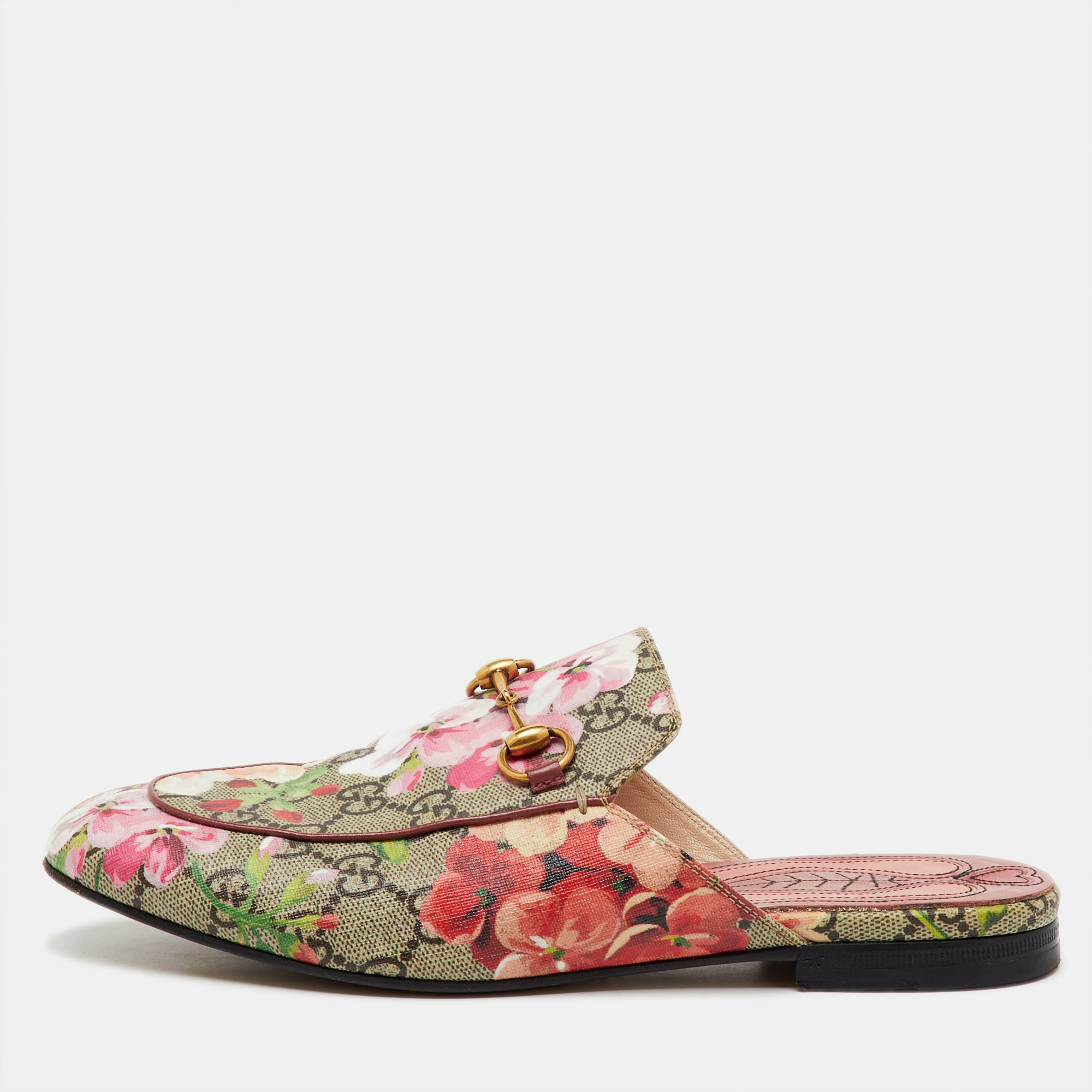 Pre-owned Gucci Beige/maroon Gg Supreme Blooms Canvas Princetown Flat Mules Size 37 In Sand