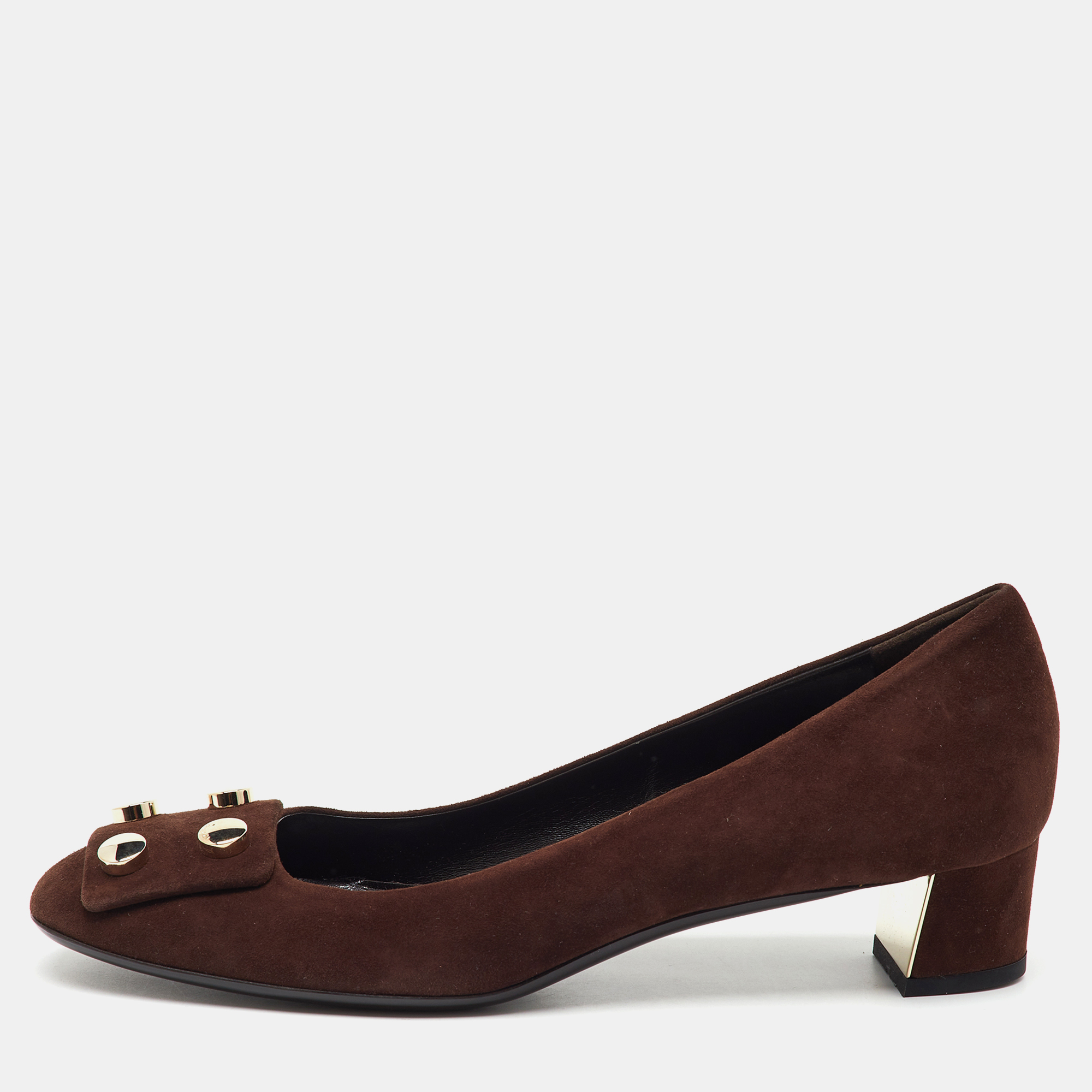 Pre-owned Gucci Dark Brown Suede Rivet Block Heel Pumps Size 39.5