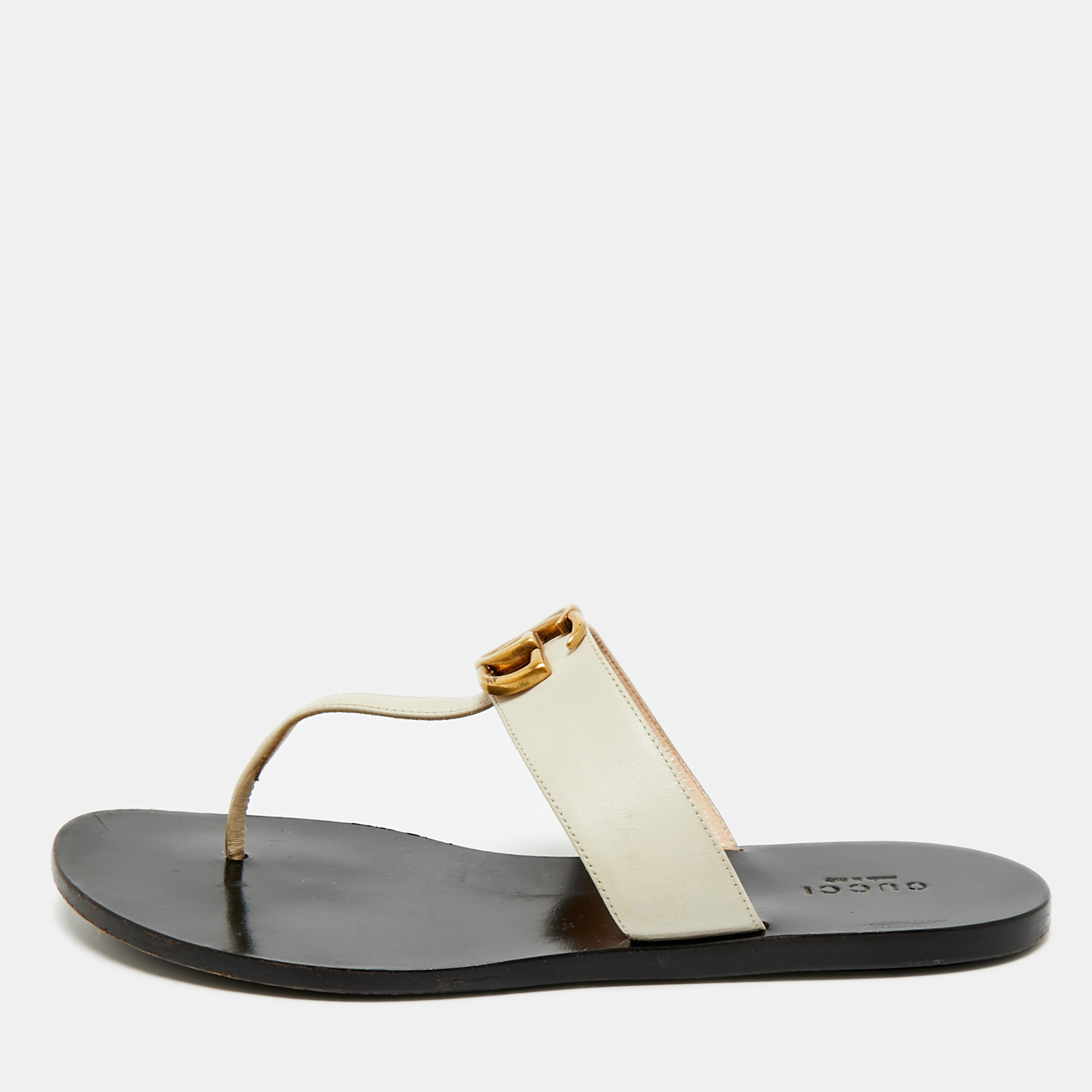 Pre-owned Gucci Cream Leather Gg Marmont Thong Slide Flats Size 38 In White
