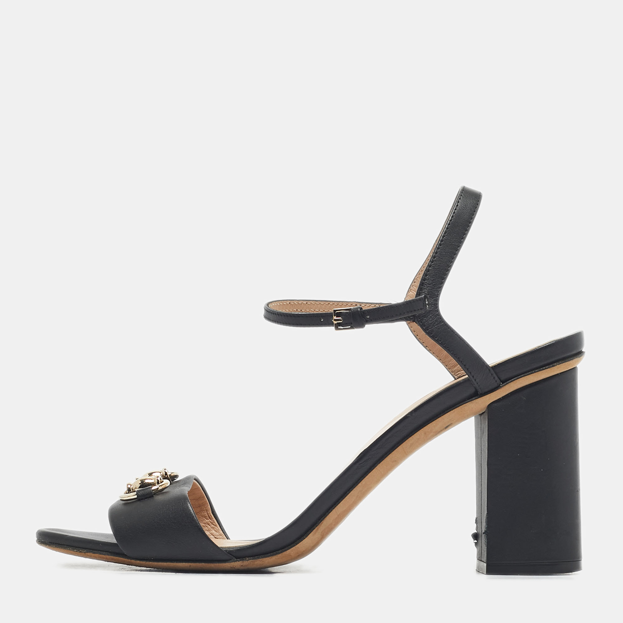 

Gucci Black Leather Horsebit Ankle Strap Open Toe Block Heel Sandals Size
