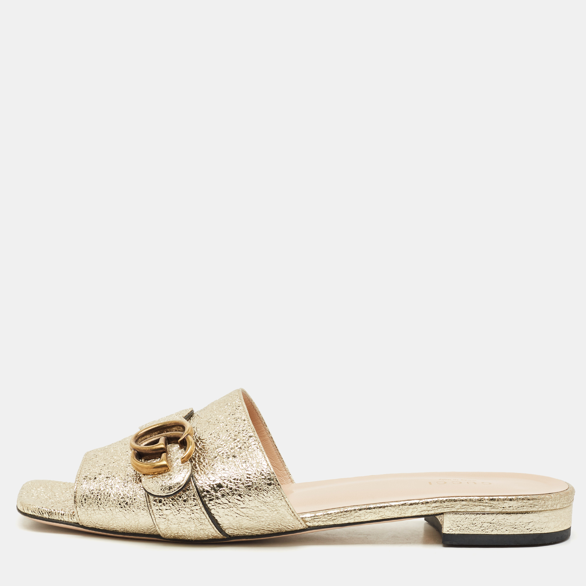 Pre-owned Gucci Gold Crinkled Leather Gg Marmont Flat Slides Size 41