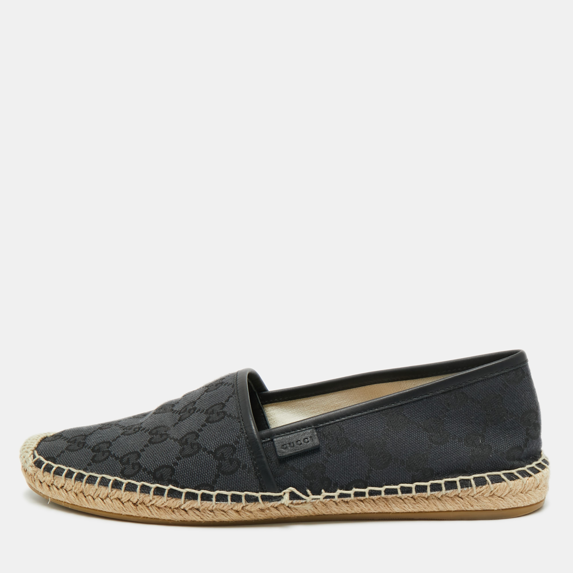 Pre-owned Gucci Black Canvas And Leather Gg Espadrille Flats Size 40