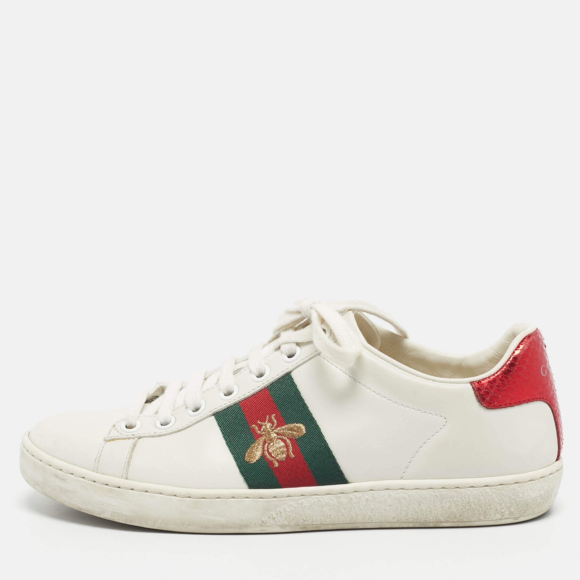 

Gucci White Leather and Snakeskin Embossed Ace Lace Up Sneakers Size
