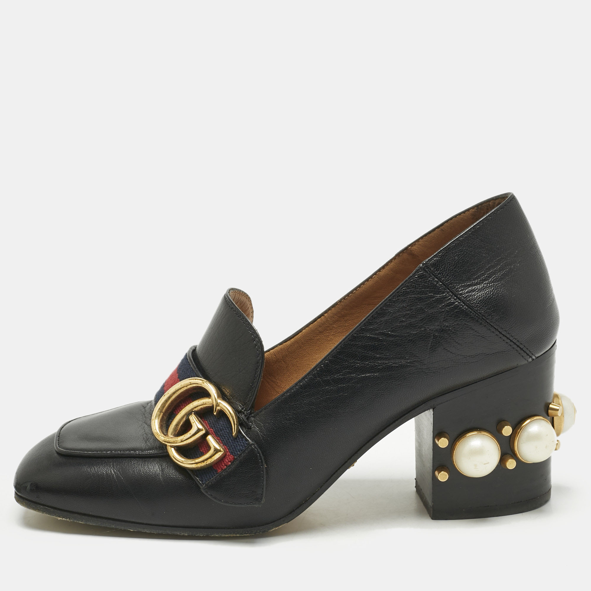 

Gucci Black Leather Web Pearl Embellished Peyton Loafer Pumps Size