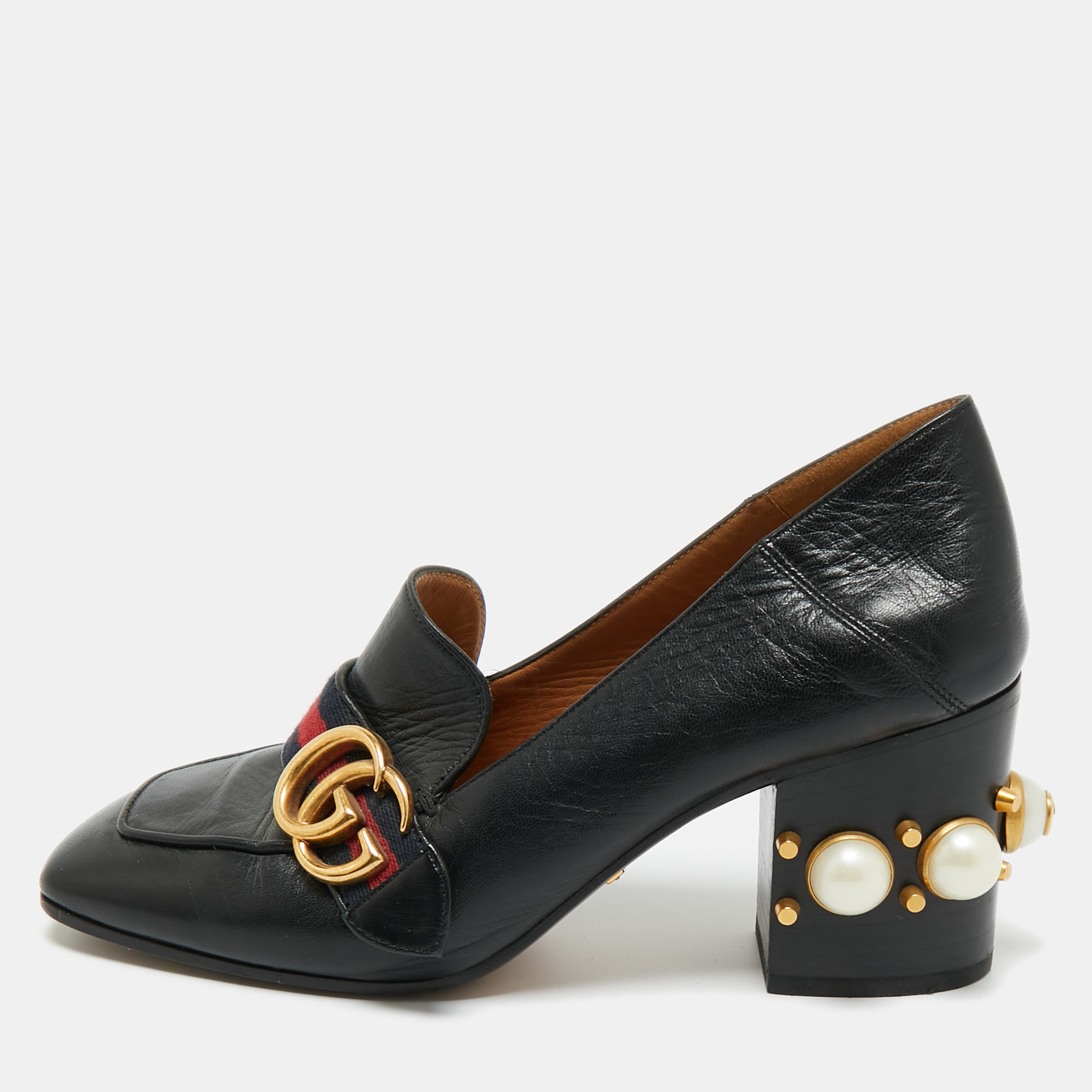 

Gucci Black Leather Web GG Marmont Faux Pearl Embellished Loafer Pumps Size
