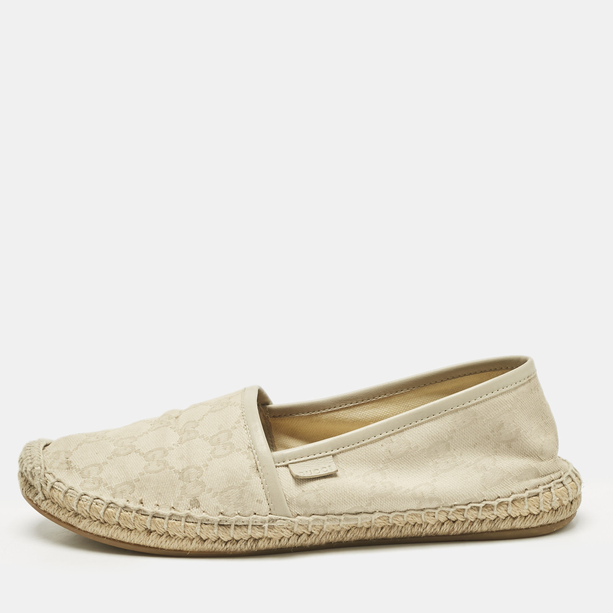 Pre-owned Gucci Grey Canvas And Leather Espadrille Flats Size 37 In Gray