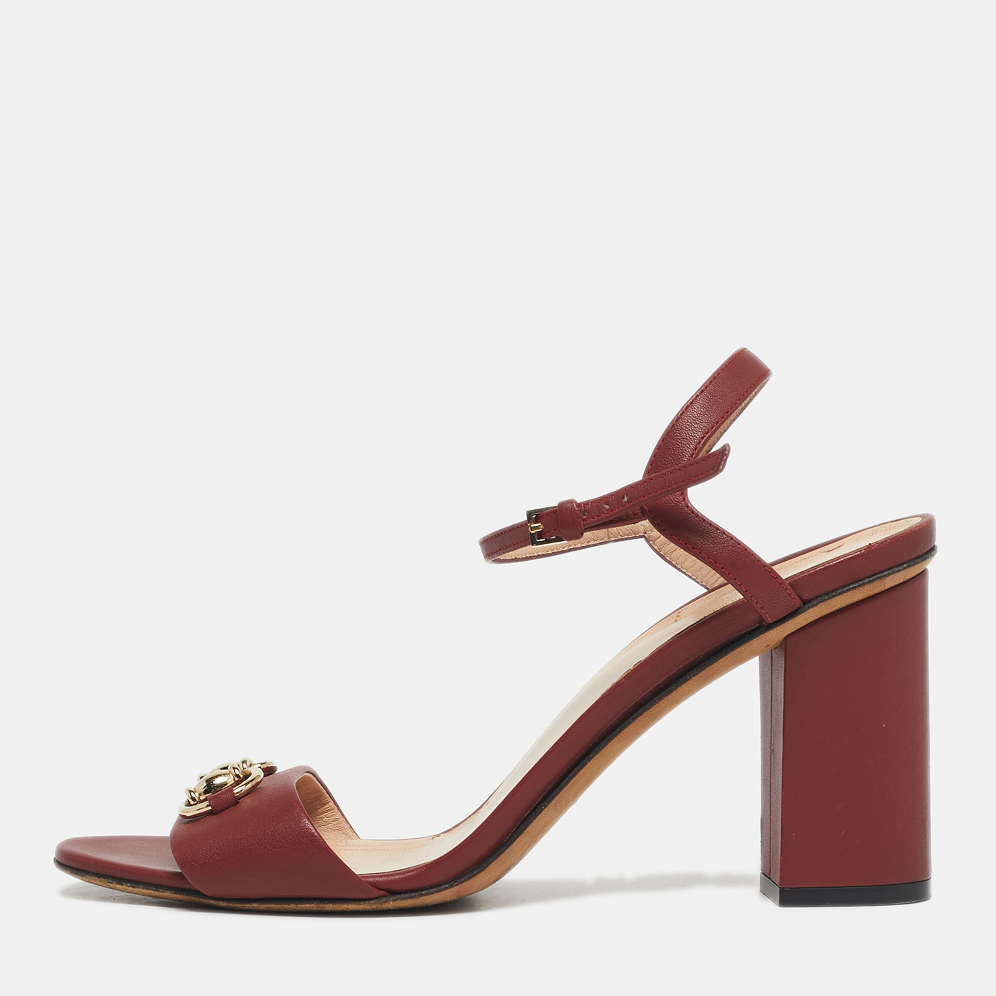 Pre-owned Gucci Burgundy Leather Horsebit Ankle Strap Block Heel Sandals Size 39 In Black