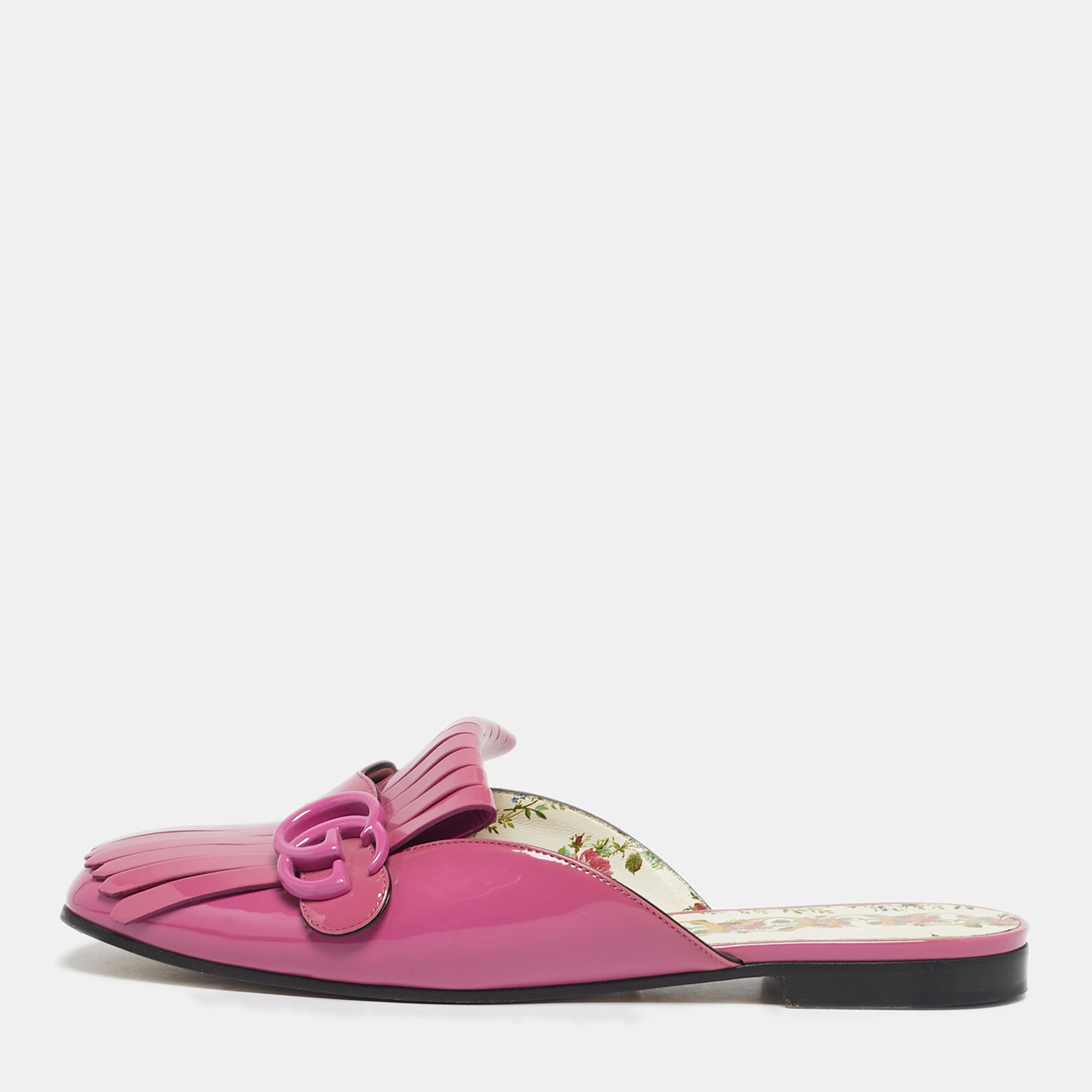 Pre-owned Gucci Purple Patent Leather Gg Marmont Fringed Flat Mules Size 39.5