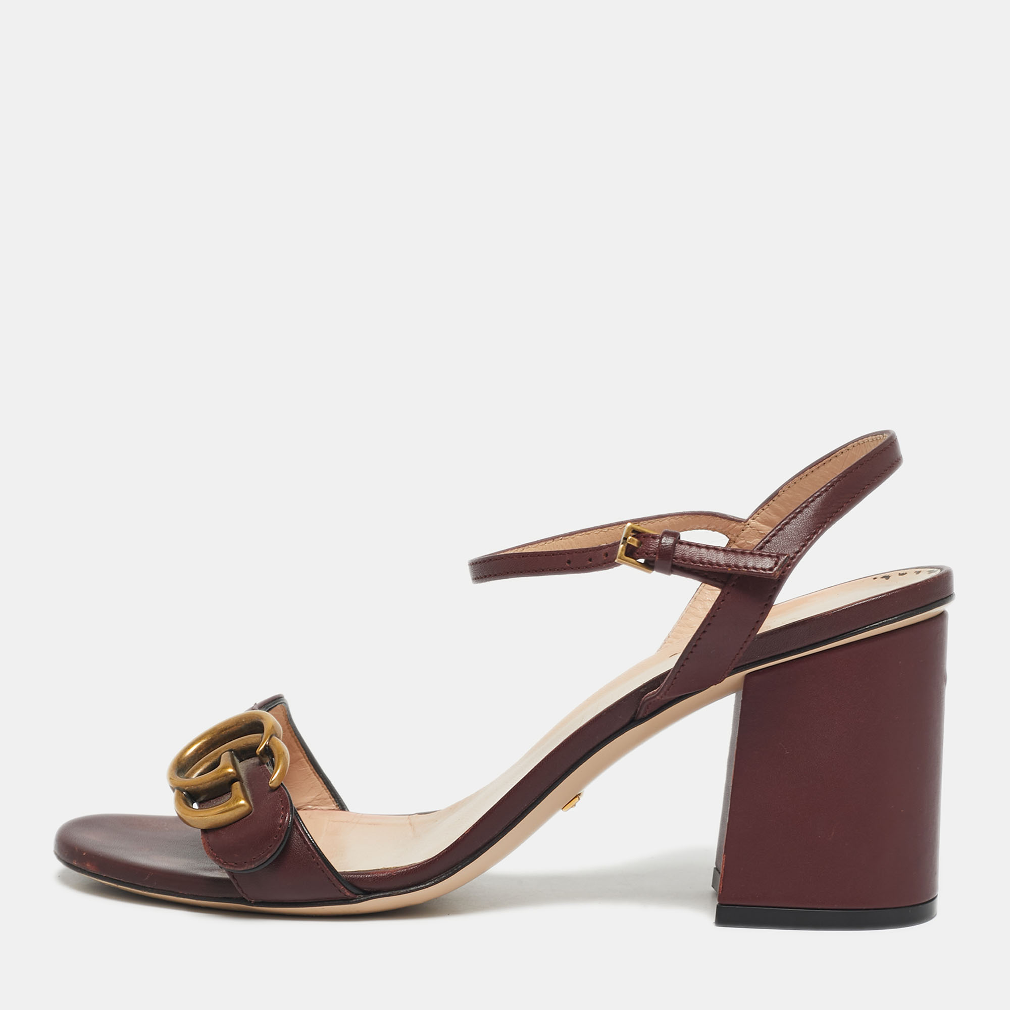 

Gucci Burgundy Leather GG Marmont Ankle Strap Sandals Size