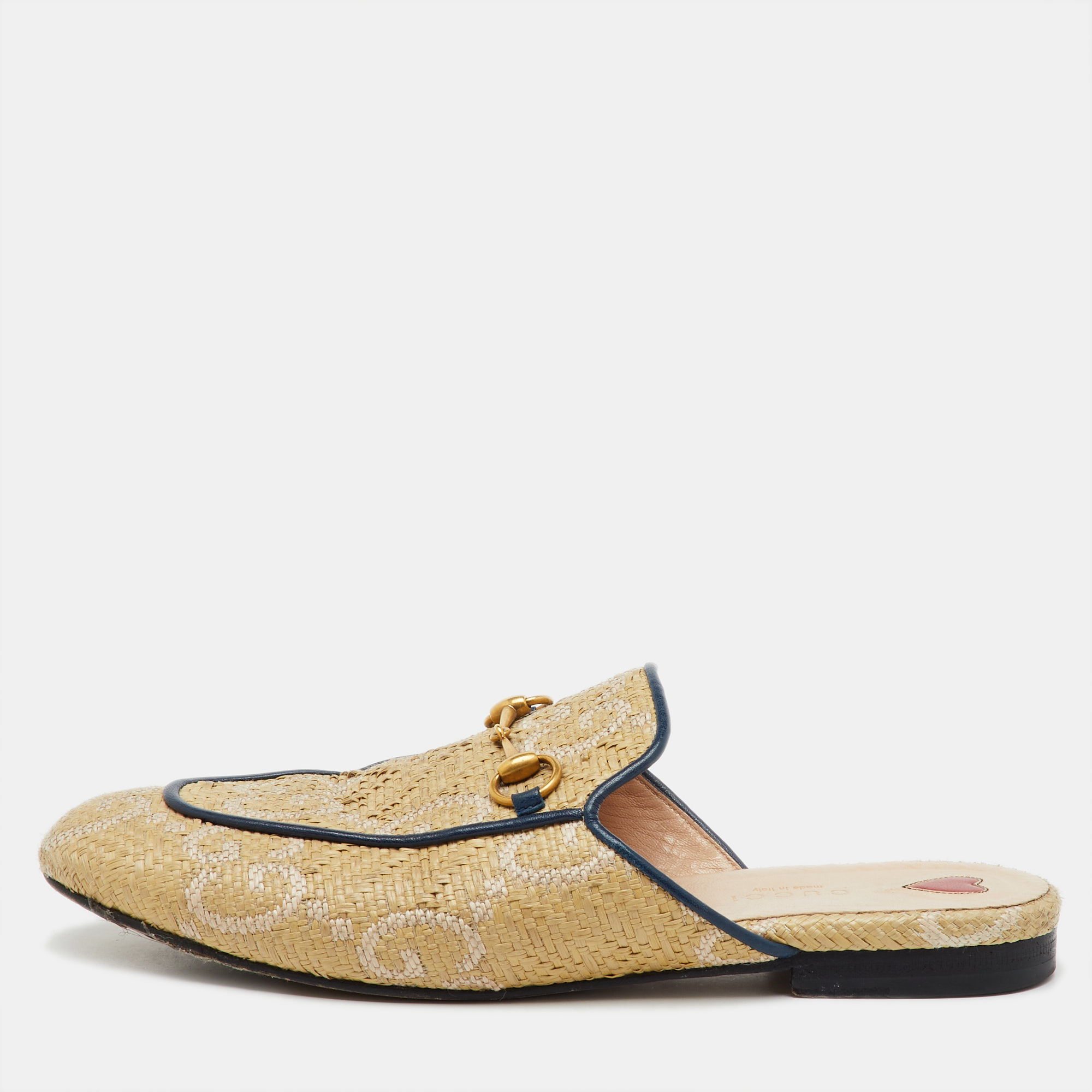 Pre-owned Gucci Beige/blue Gg Raffia And Leather Princetown Horsebit Flat Mules Size 38.5 In Sand