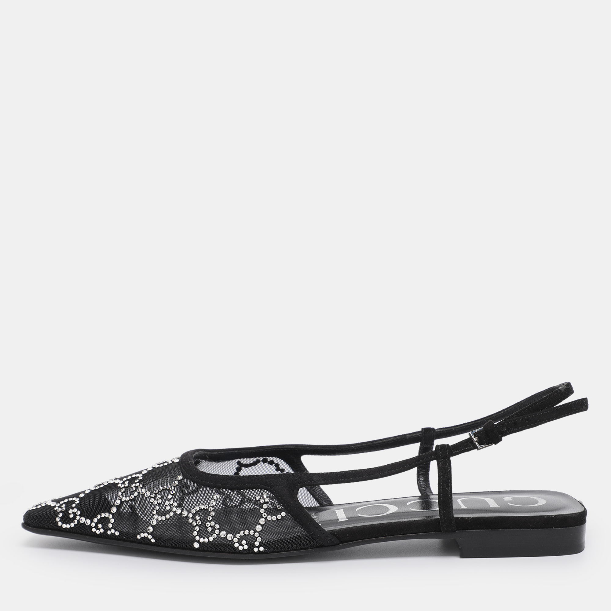 Pre-owned Gucci Black Suede And Mesh Crystal Embellished Slingback Pumps Size 37