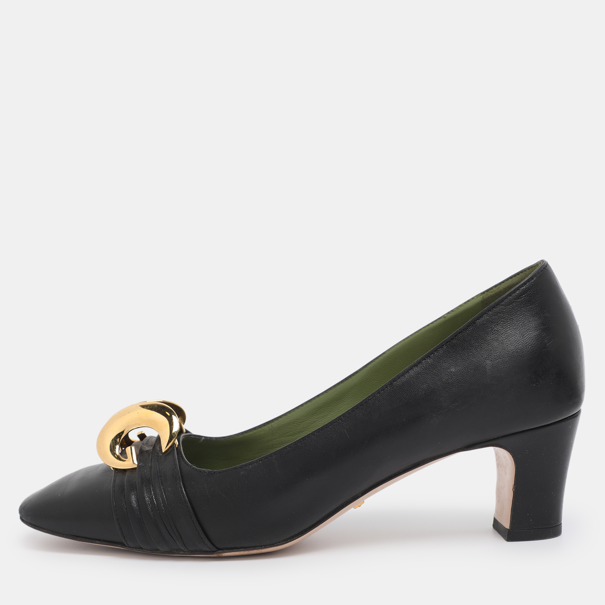 Pre-owned Gucci Black Leather Malaga Kid Square Toe Pumps Size 38