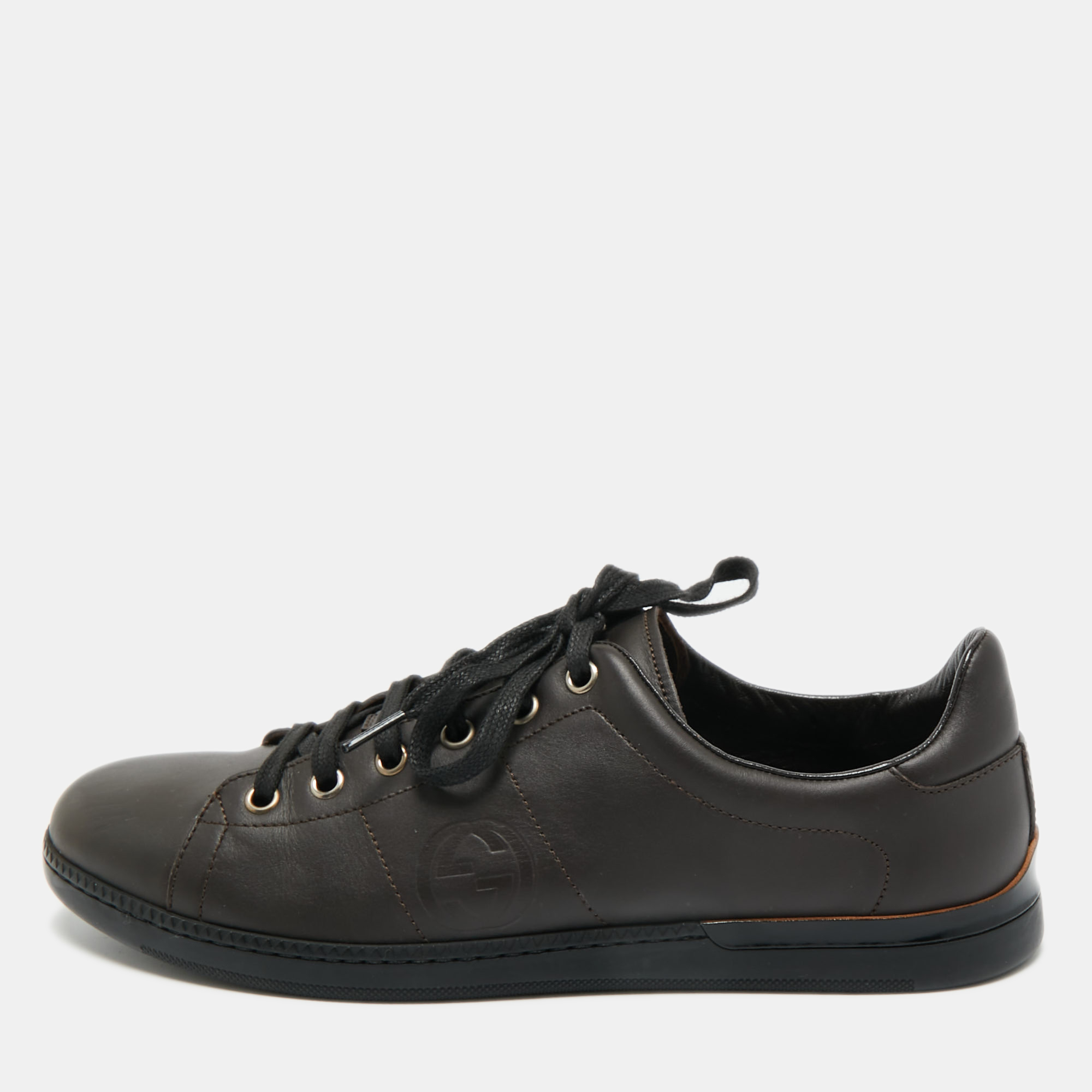 

Gucci Dark Brown Leather Interlocking G Low Top Sneakers Size