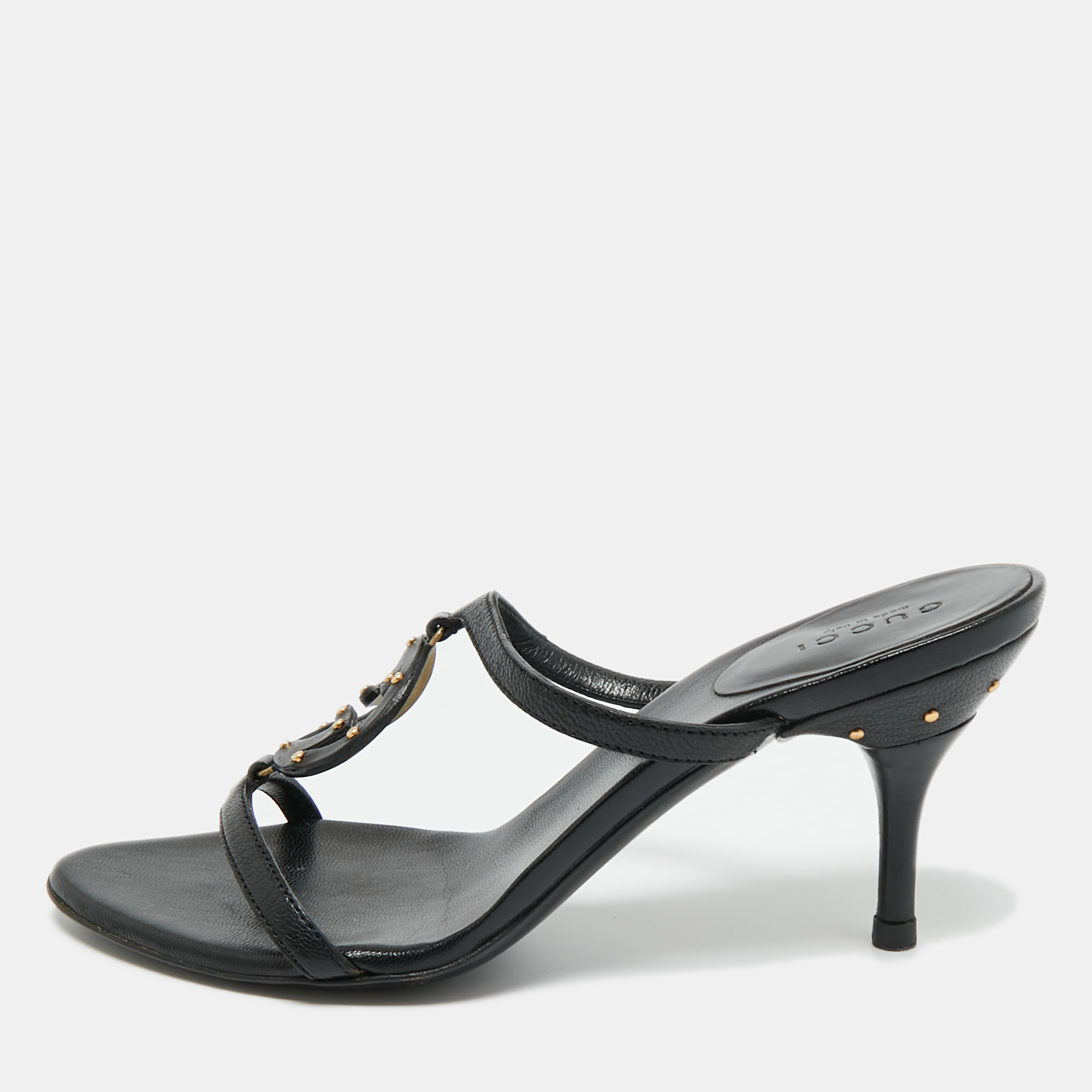 Pre-owned Gucci Black Leather Gg Interlocking Slide Sandals Size 35.5
