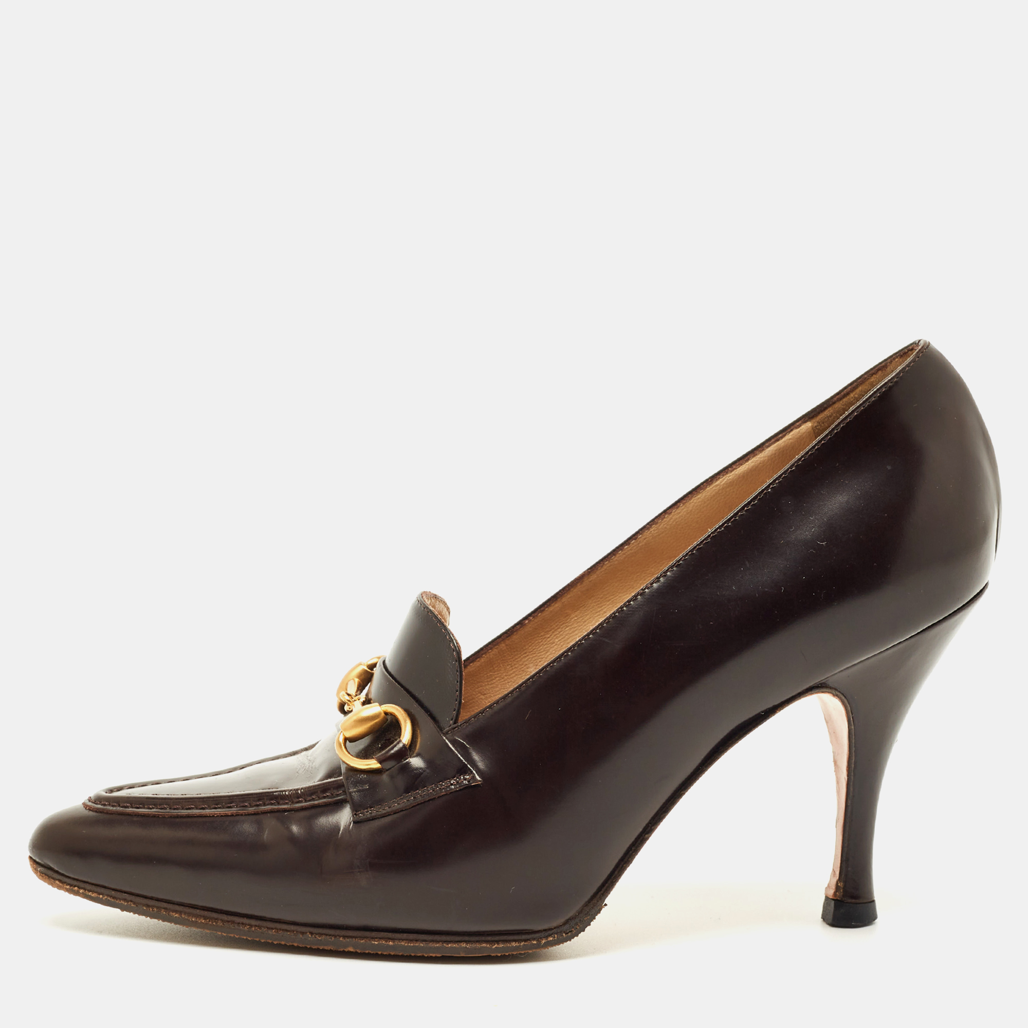 Gucci Dark Brown Leather Horsebit Pointed Toe Loafer Pumps Size 36