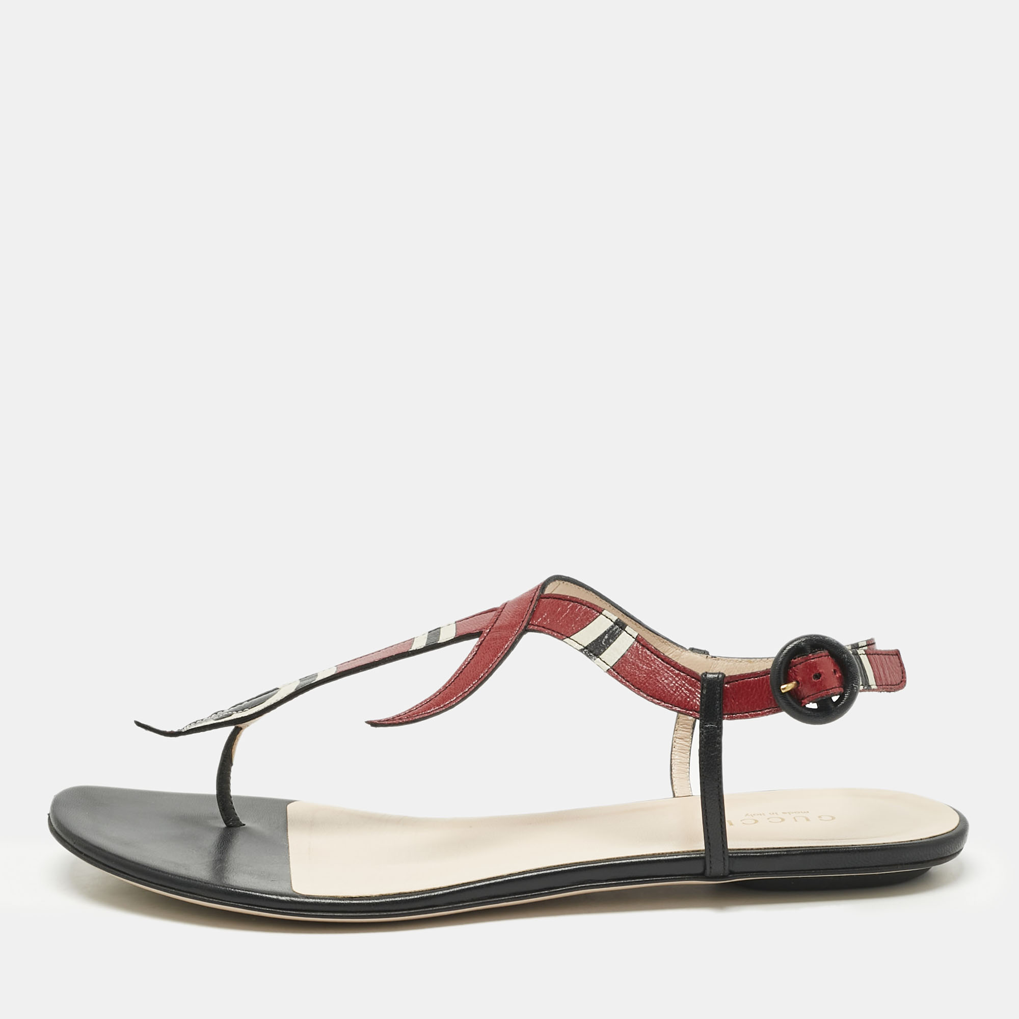 Pre-owned Gucci Multicolor Leather Yoko Snake Print Thong Flats Slides Size 38.5
