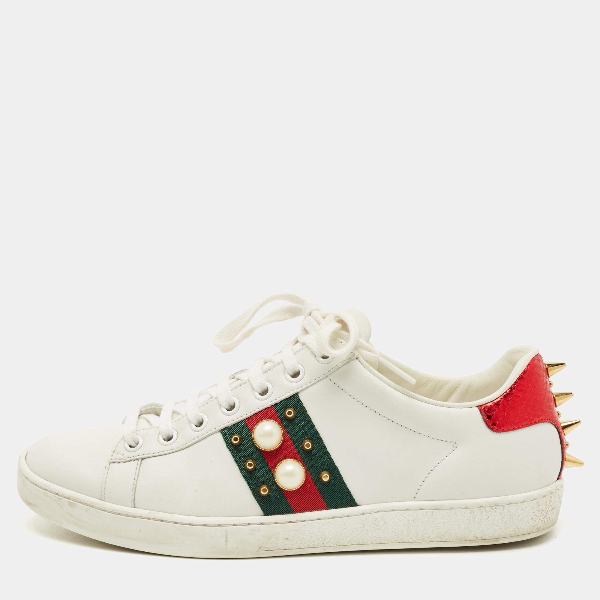 Gucci White Leather and Python Embossed Pearl Studded Ace Sneakers Size 38
