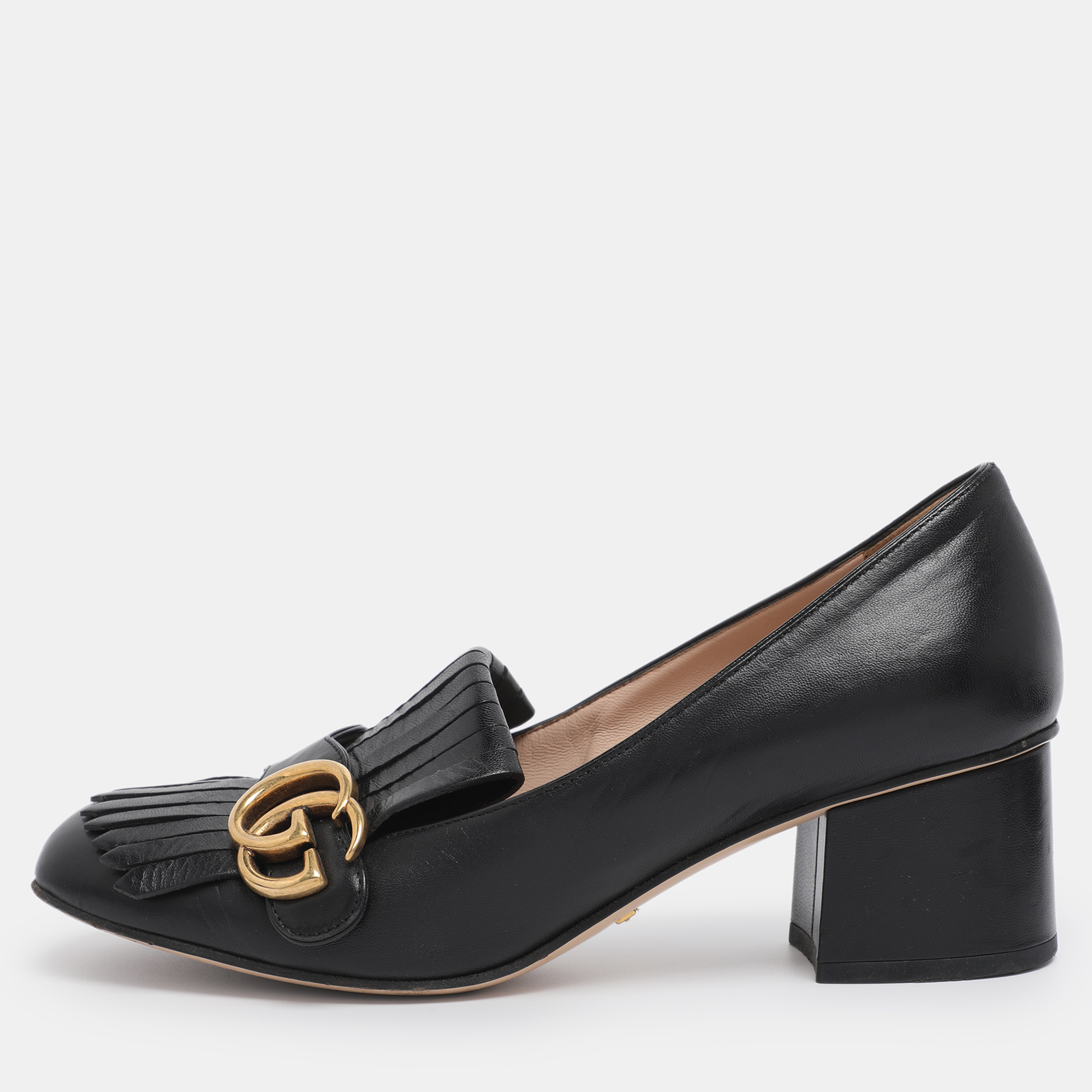 Pre-owned Gucci Black Leather Marmont Gg Fringe Detail Block Heel Pumps Size 38