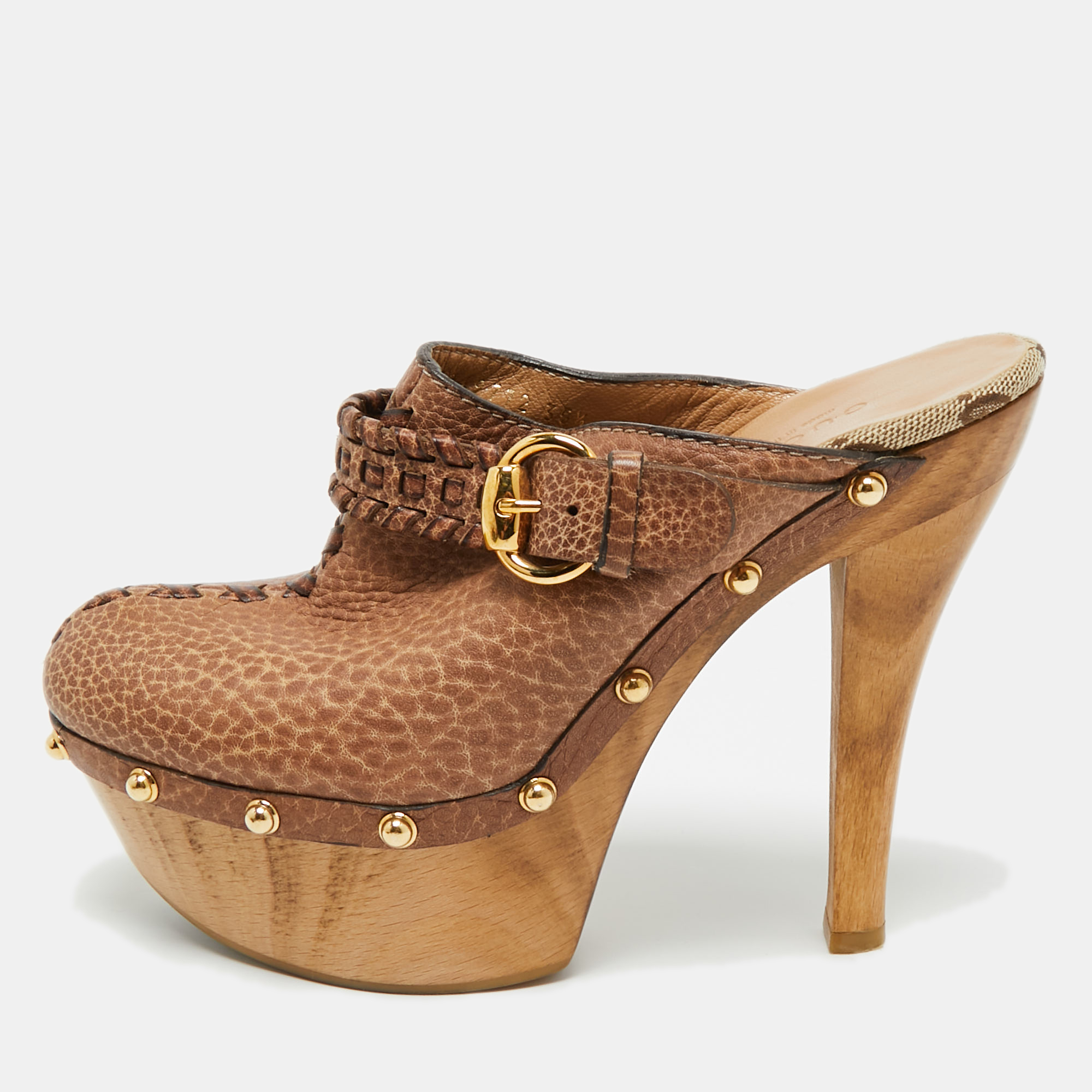 Pre-owned Gucci Brown Gg Leather Janis Studded Platform Clogs Size 35.5