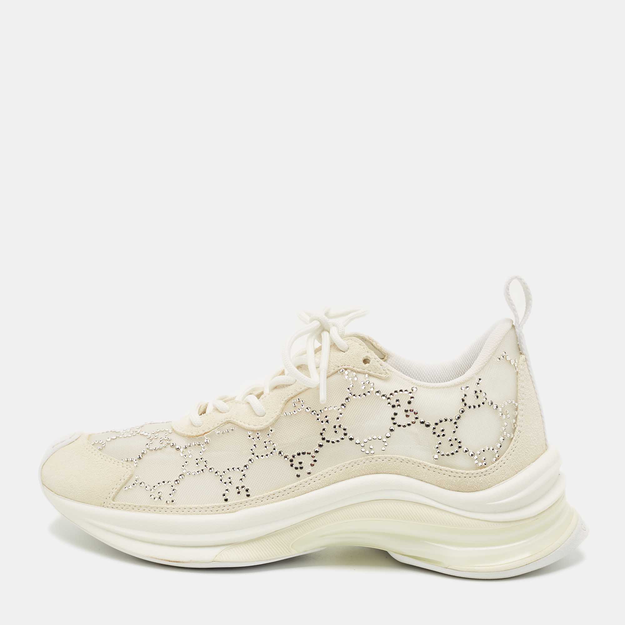 Gucci Cream Mesh and Suede Crystal Embellished Run Sneakers Size 36.5