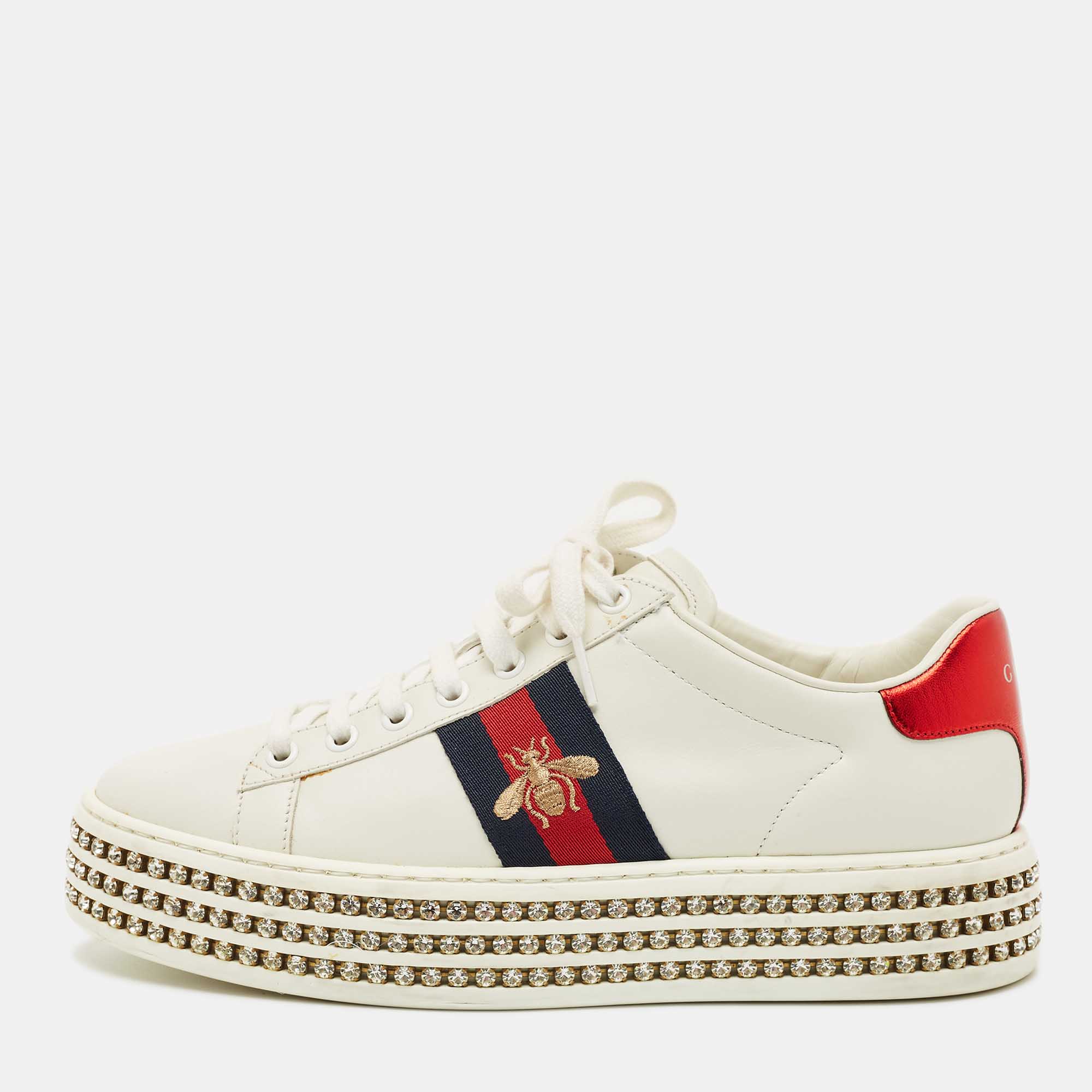 Gucci White Leather Embroidered Bee Crystal Embellished Platform New Ace Sneakers Size 38