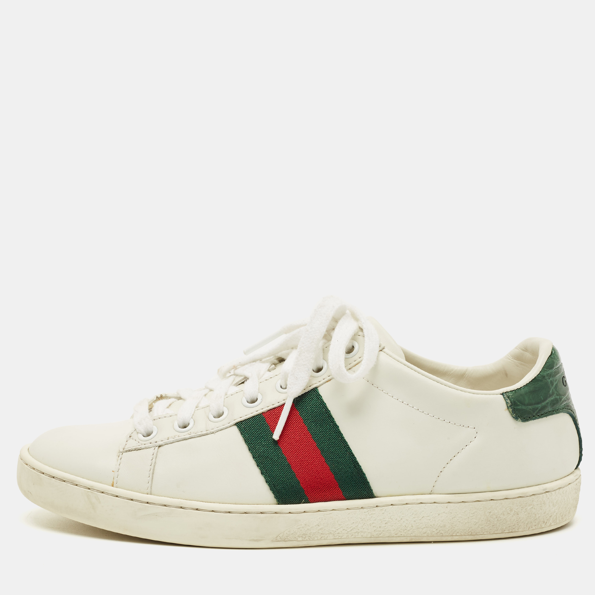 

Gucci White Crocodile and Leather Ace Lace Up Sneakers Size