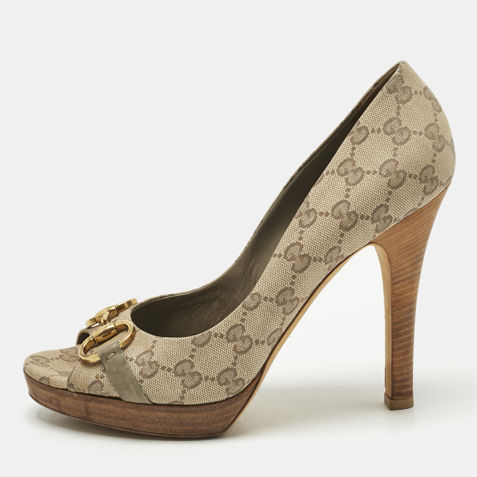 

Gucci Beige GG Canvas And Leather Horsebit Peep Toe Pumps Size