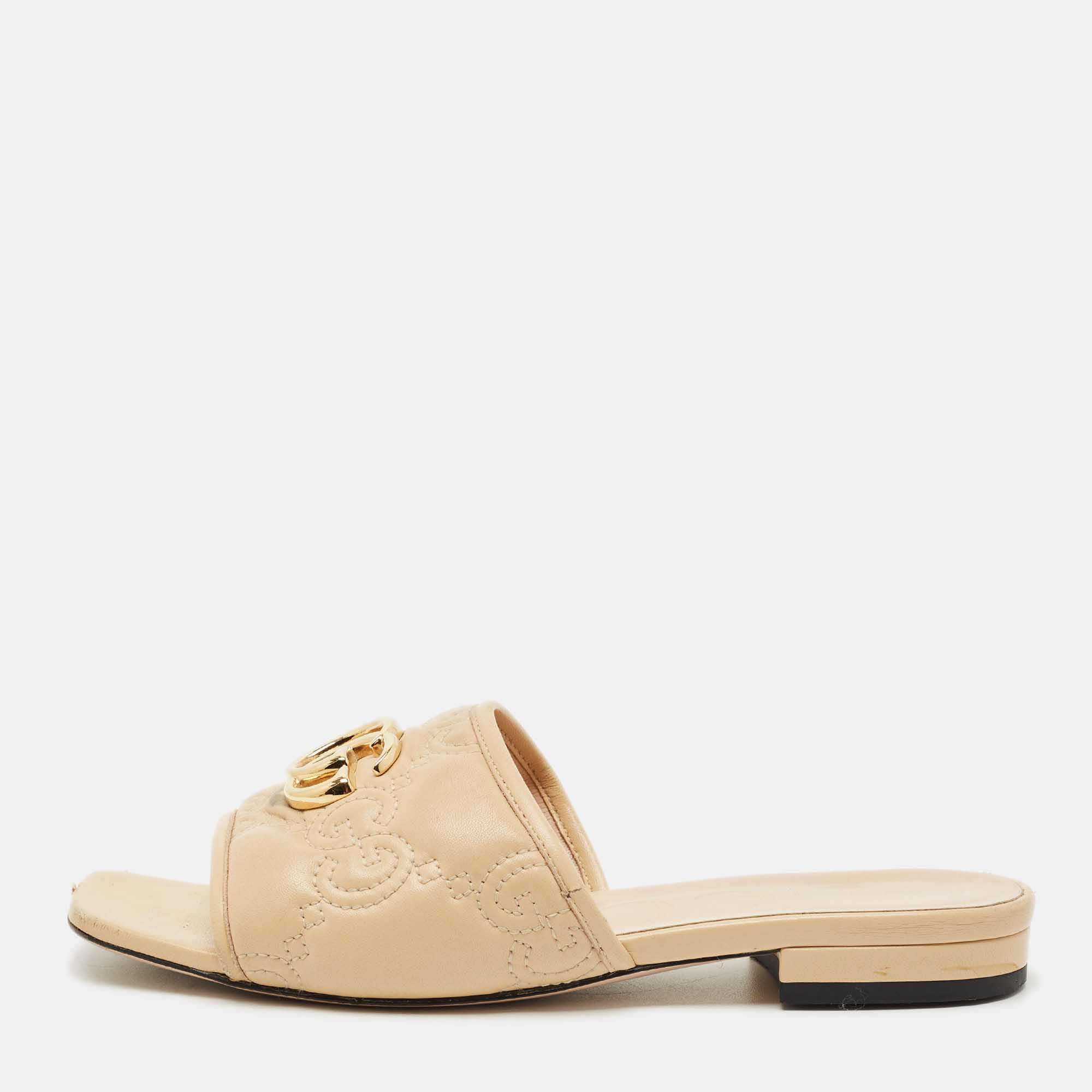 Pre-owned Gucci Beige Leather Gg Marmont Flat Slides Size 36 In Sand