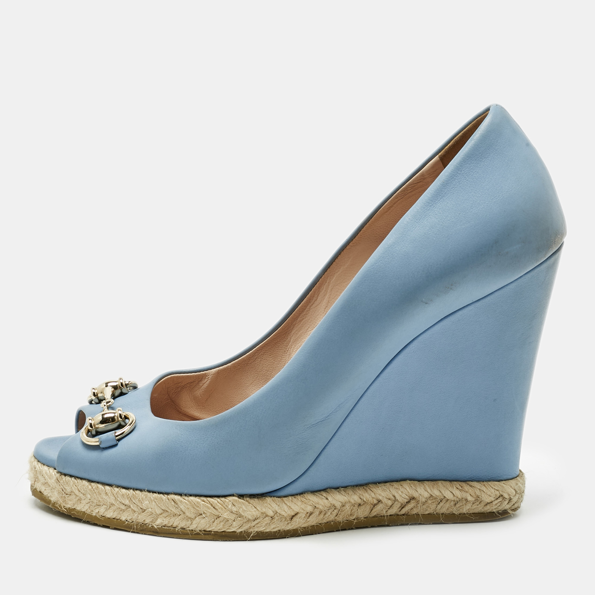 

Gucci Sky Blue Leather Horsebit Wedge Pumps Size