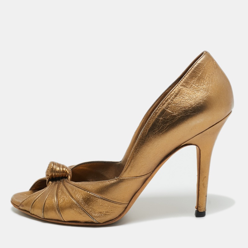 

Gucci Metallic Bronze Leather Knot Peep Toe Pumps Size