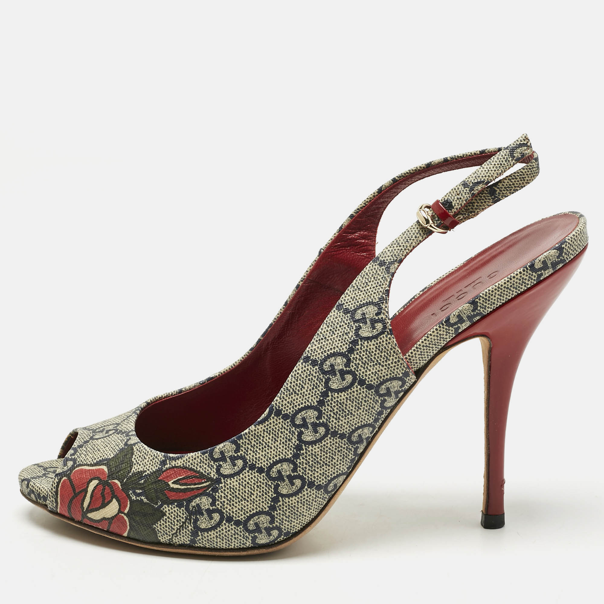 

Gucci Beige/Navy Blue GG Supreme Canvas Heart Tattoo Peep Toe Slingback Sandals Size