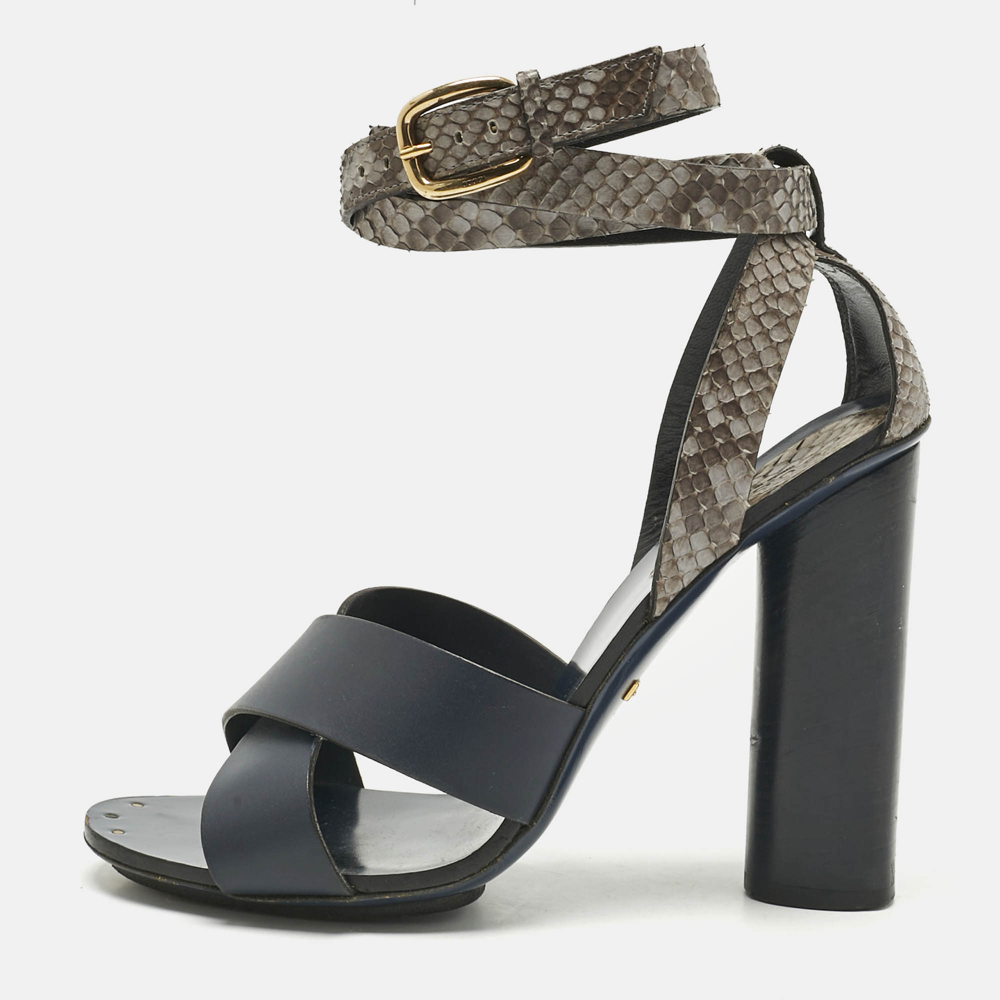 Gucci Navy Blue/Grey Leather and Snakeskin Ankle Strap Sandals Size 38