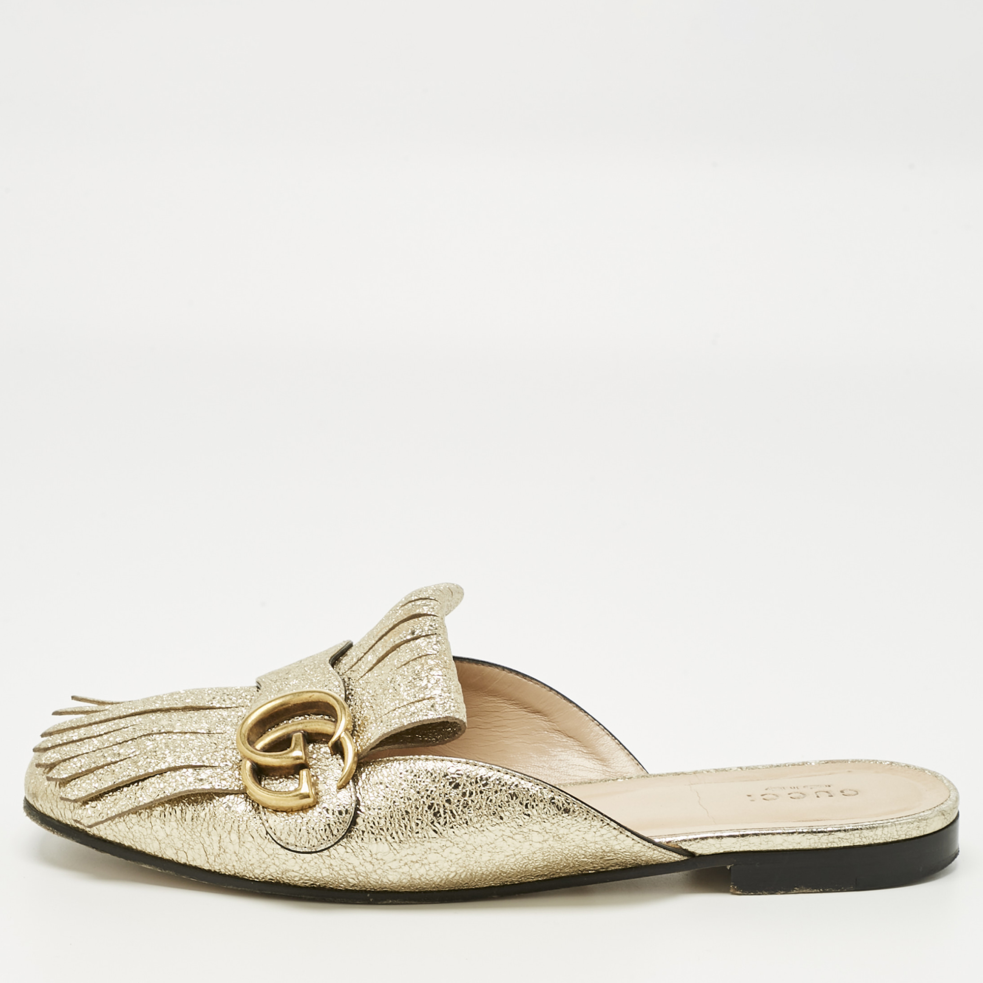 Pre-owned Gucci Gold Texture Leather Gg Marmont Fringe Mules Size 38