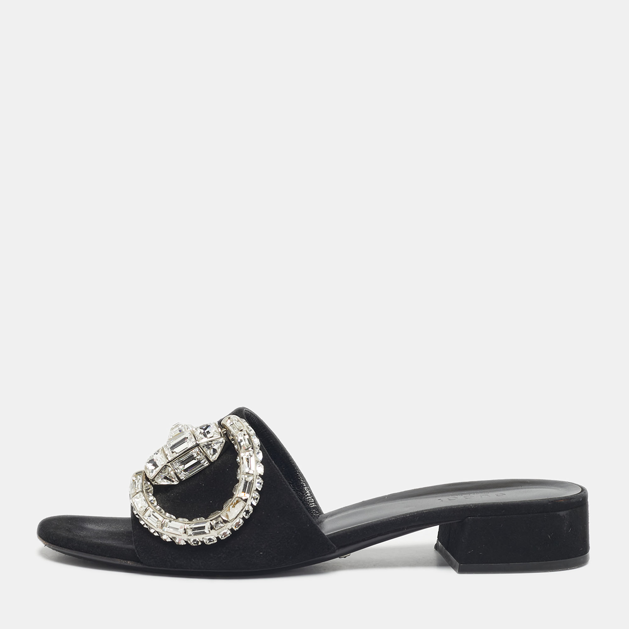 Pre-owned Gucci Black Suede Maxime Crystal Embellished Slide Sandals Size 38
