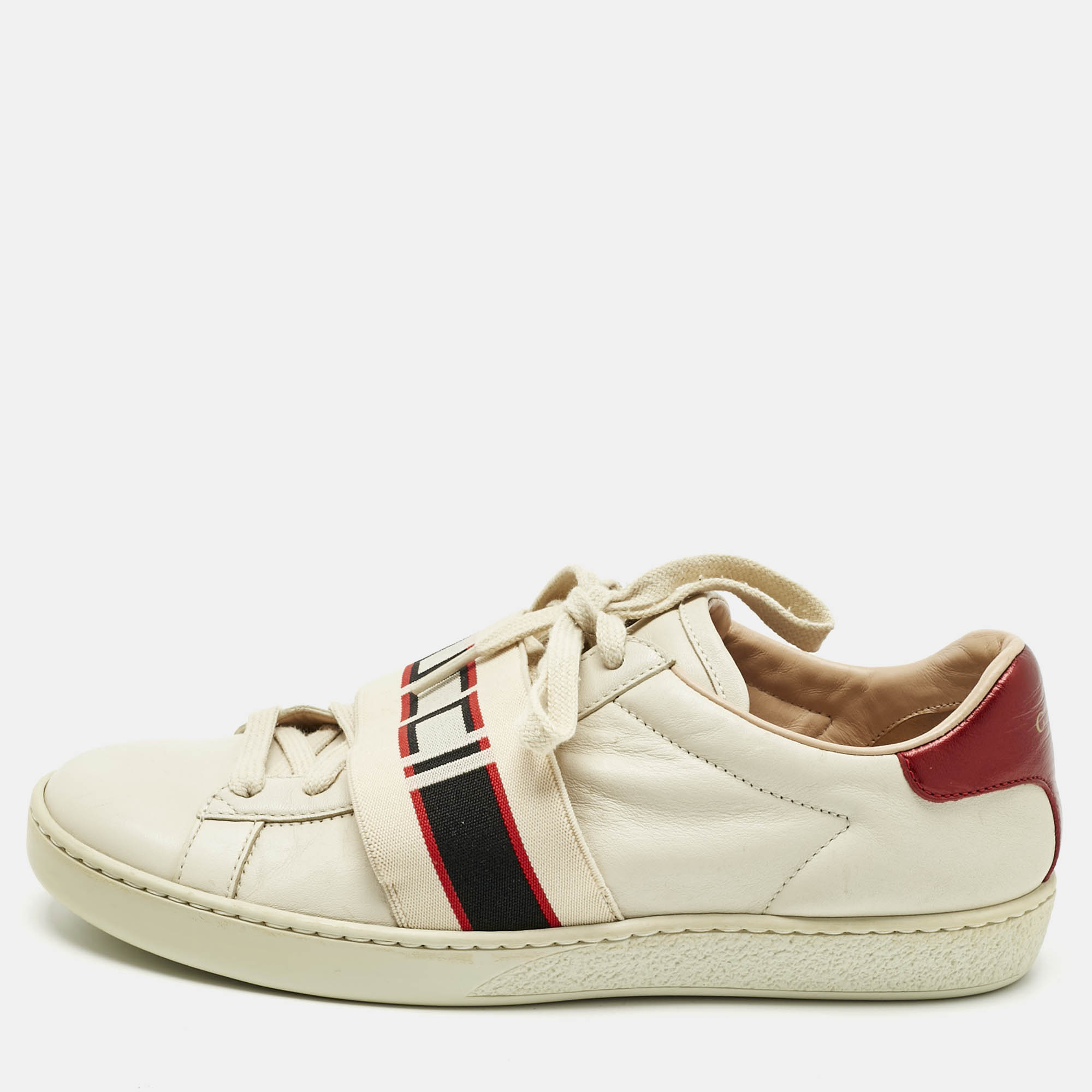 Gucci Cream/Red Leather Ace Stripe Low Top Sneakers Size 37