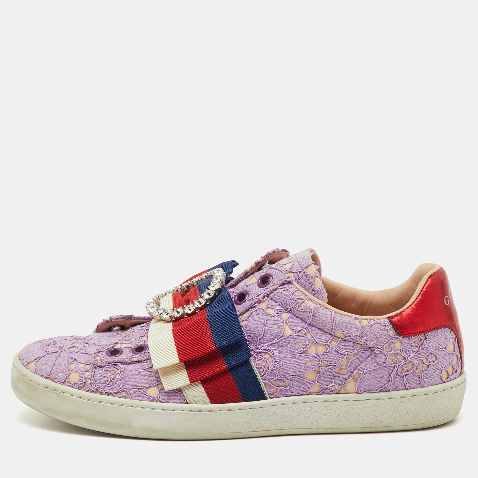 

Gucci Purple Lace Crystal Sylvie Web Flower Leaf Ace Slip On Sneakers Size