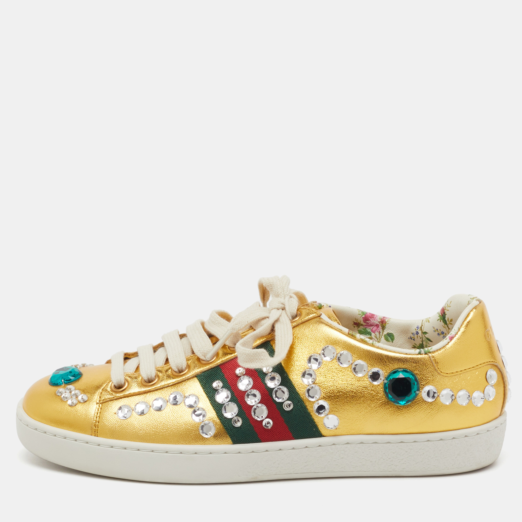 Gucci Metallic Gold Leather Crystal Web Low Top Sneakers Size 35
