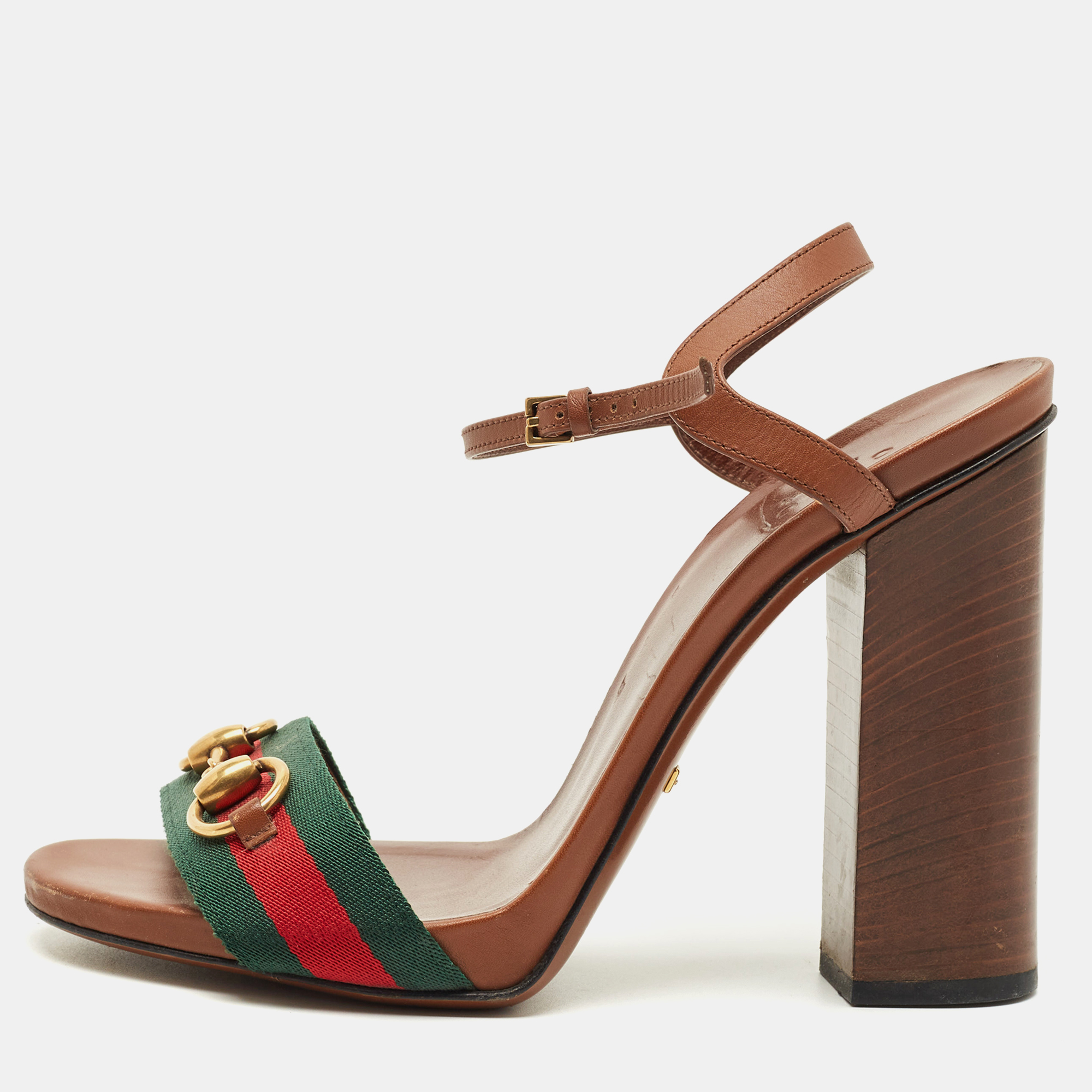 Gucci Brown Leather Horsebit Web Ankle Strap Sandals Size 38.5