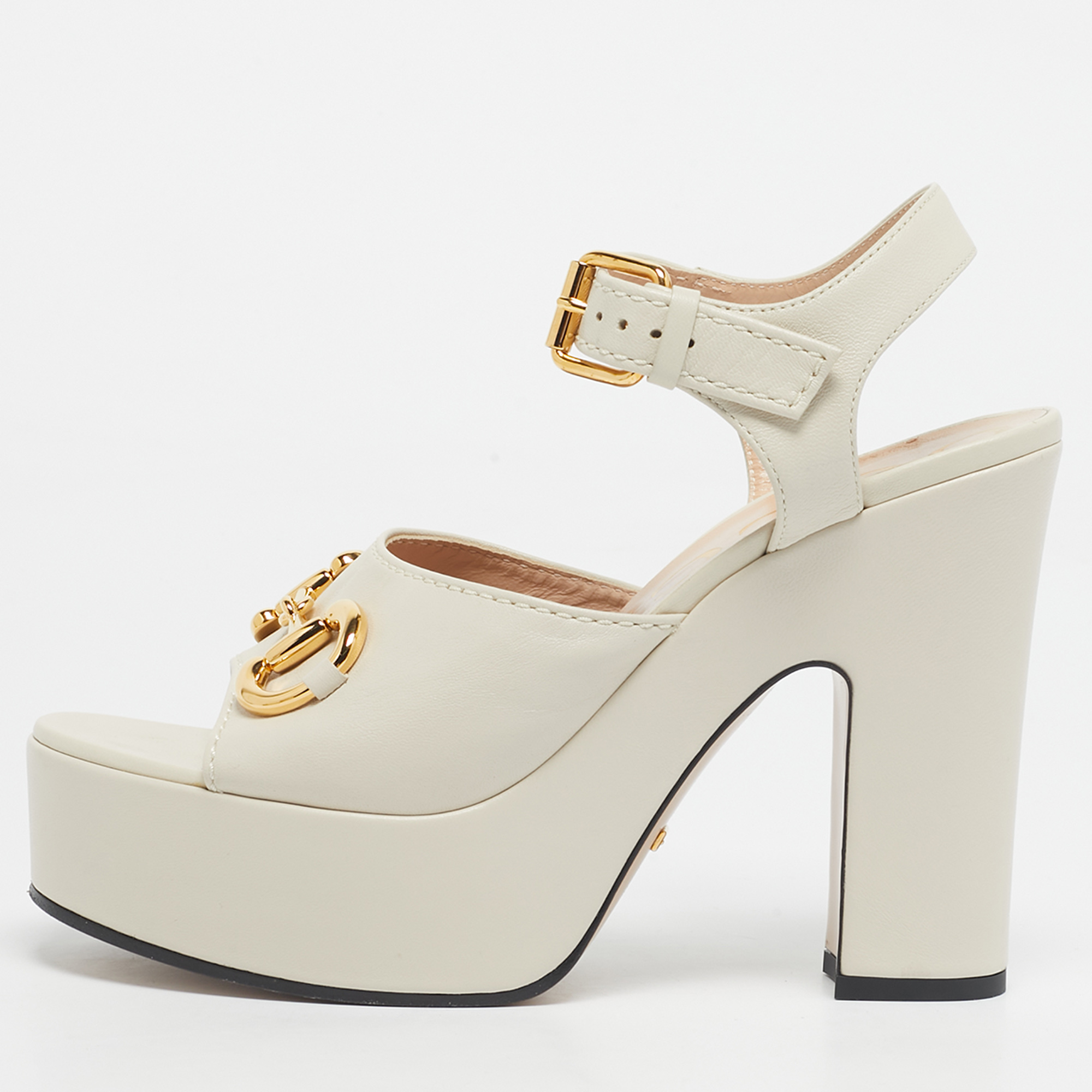 Pre-owned Gucci Off White Leather Horsebit Platform Block Heel Ankle Strap Sandals Size 39.5