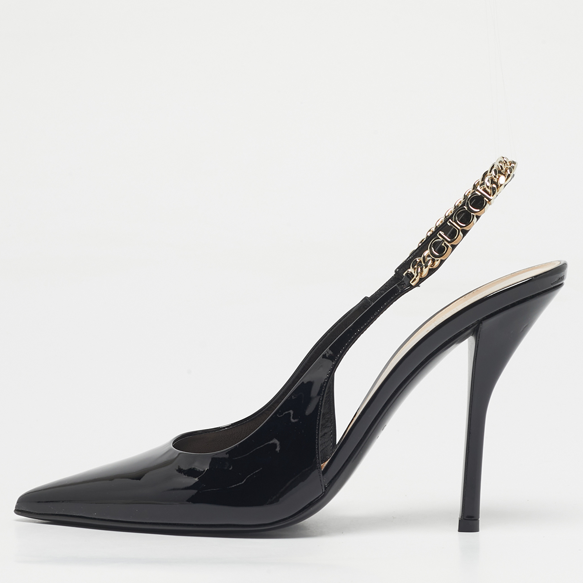 Pre-owned Gucci Black Patent Leather Signoria Chain Link Slingback Pumps Size 40