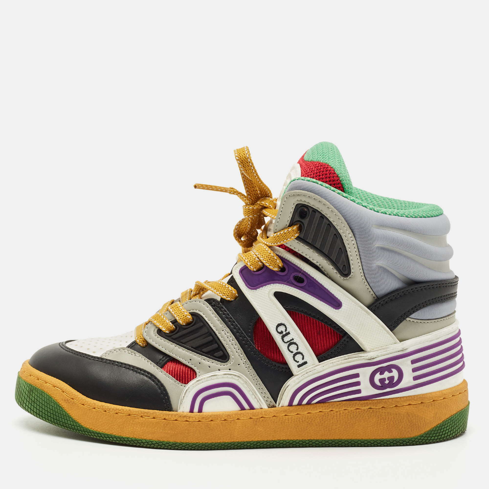 Gucci Multicolor Mesh Leather and Fabric Basket Sneakers Size 35