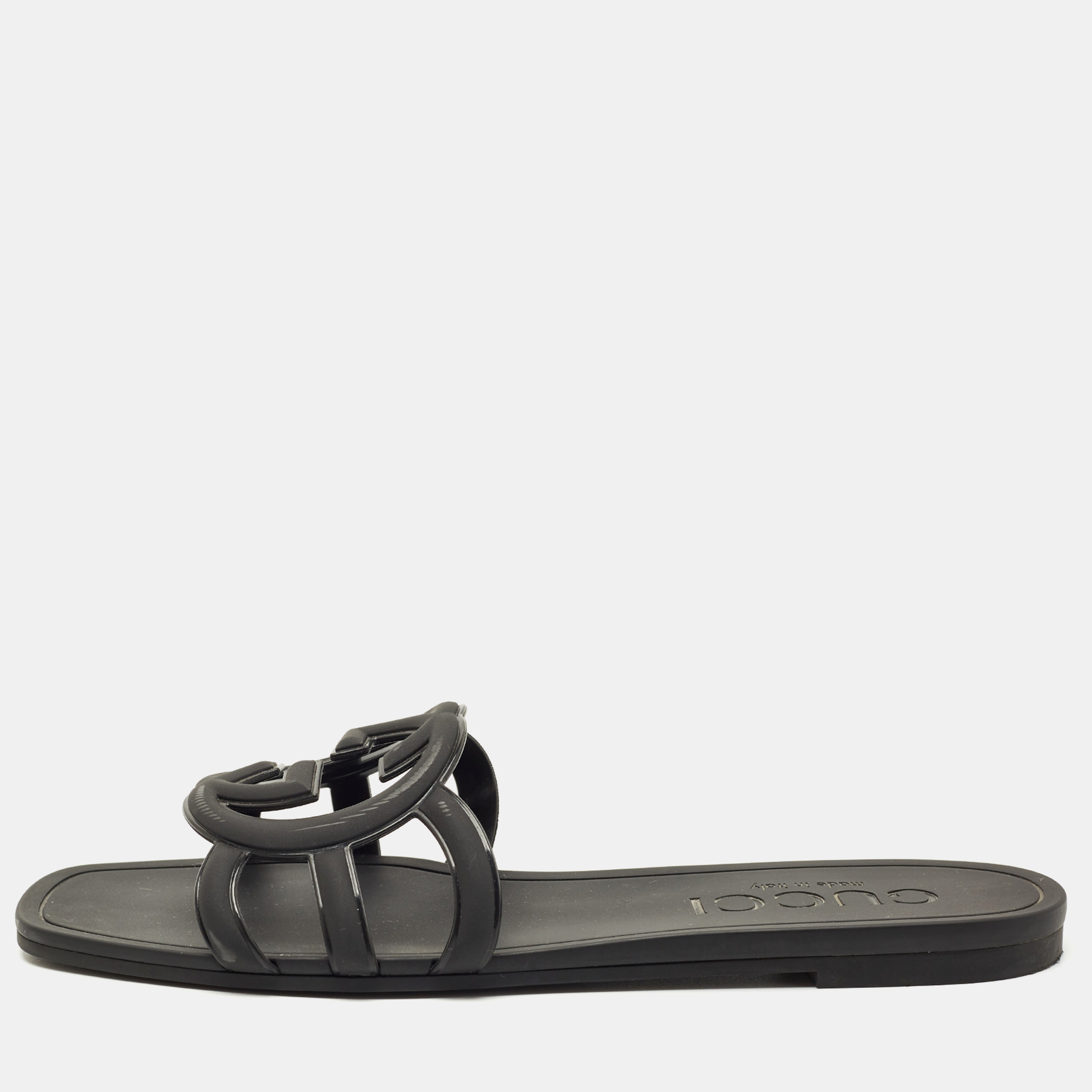 Pre-owned Gucci Black Rubber Interlocking G Flat Slides Size 40