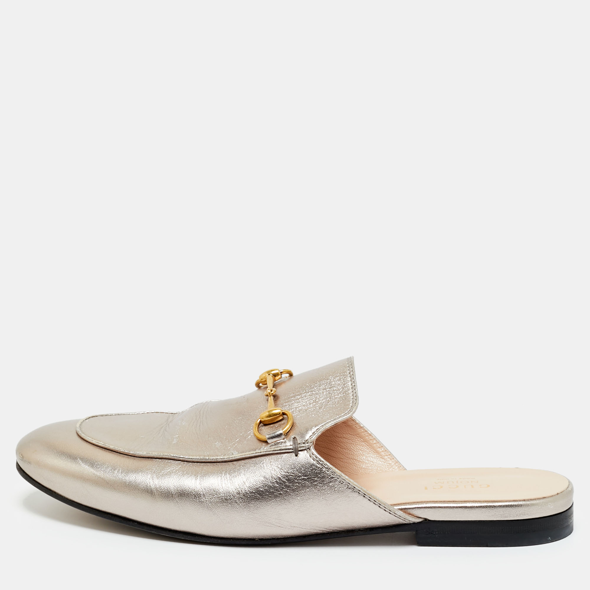 Pre-owned Gucci Silver Leather Horsebit Princetown Mules Size 38.5