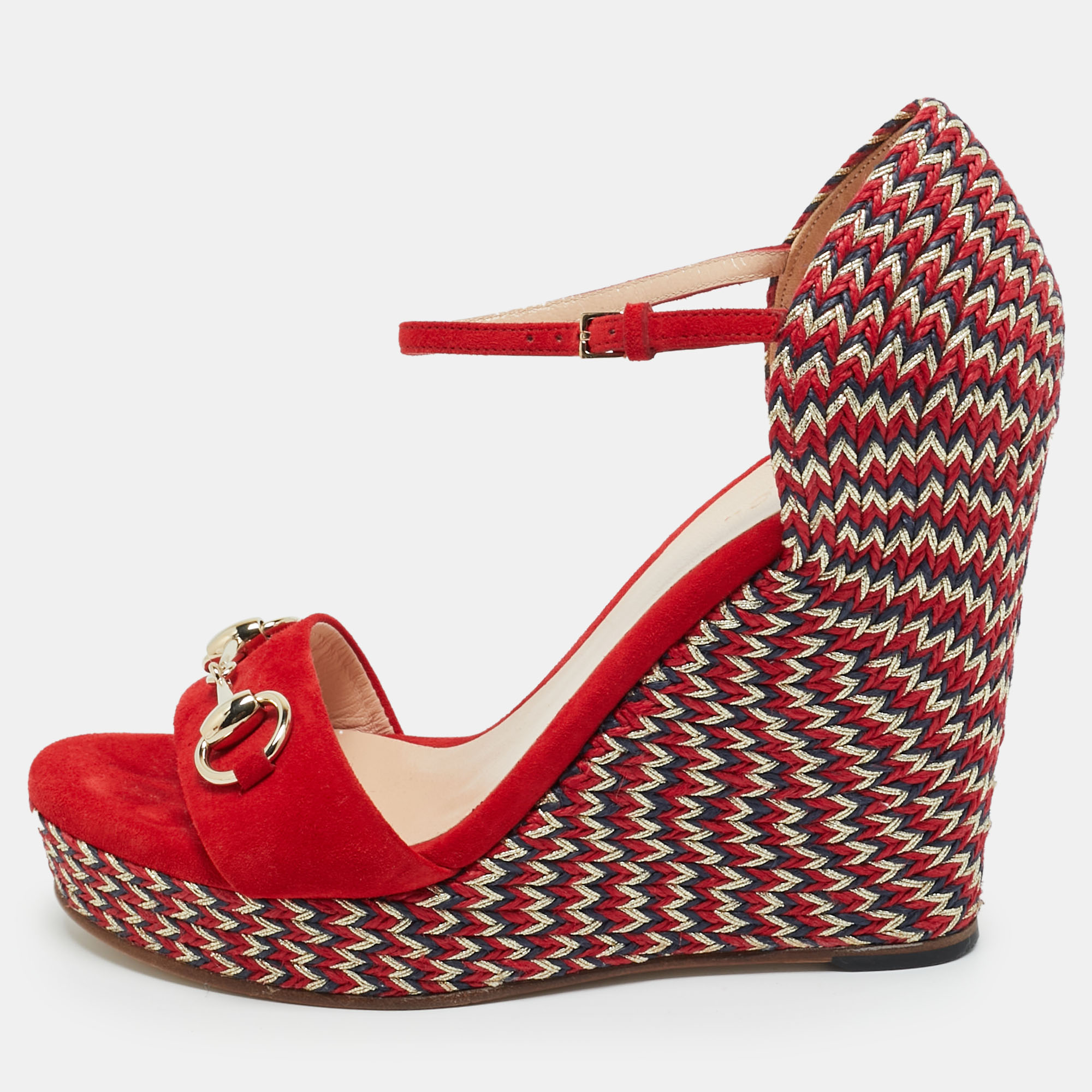 Gucci Red Suede Horse Bit  Carolina Wedge Sandals Size 37