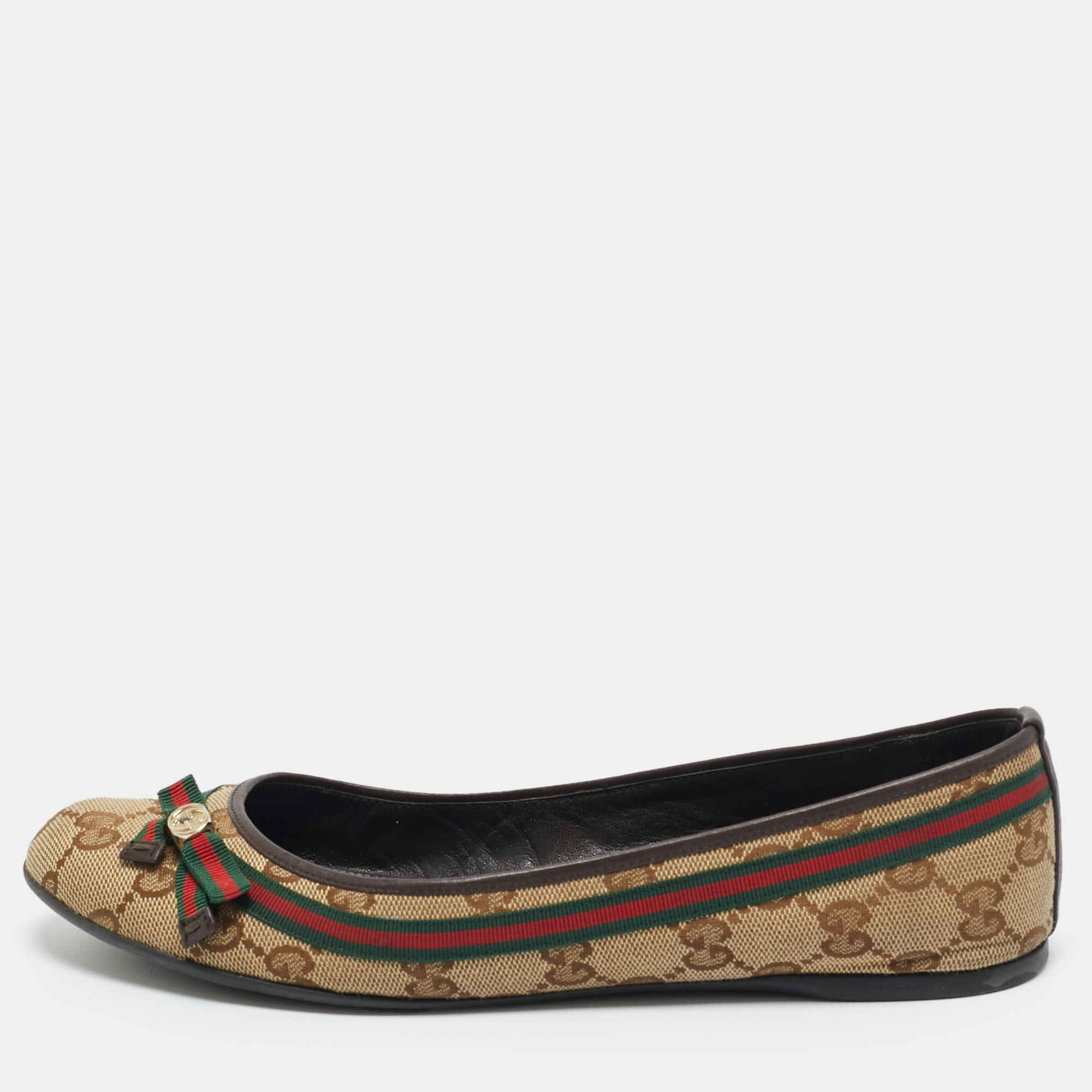 Pre-owned Gucci Beige/brown Gg Canvas And Leather Mayfair Web Bow Detail Ballet Flats Size 36.5 In Sand