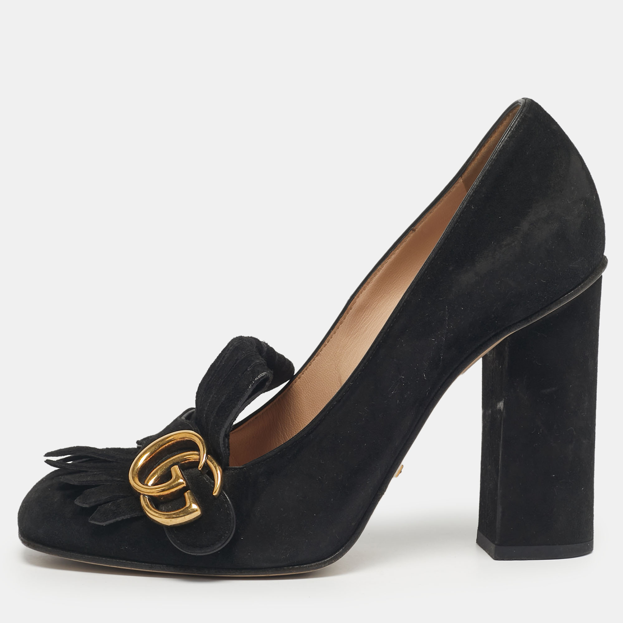 Pre-owned Gucci Black Suede Gg Marmont Block Heel Pumps Size 38.5